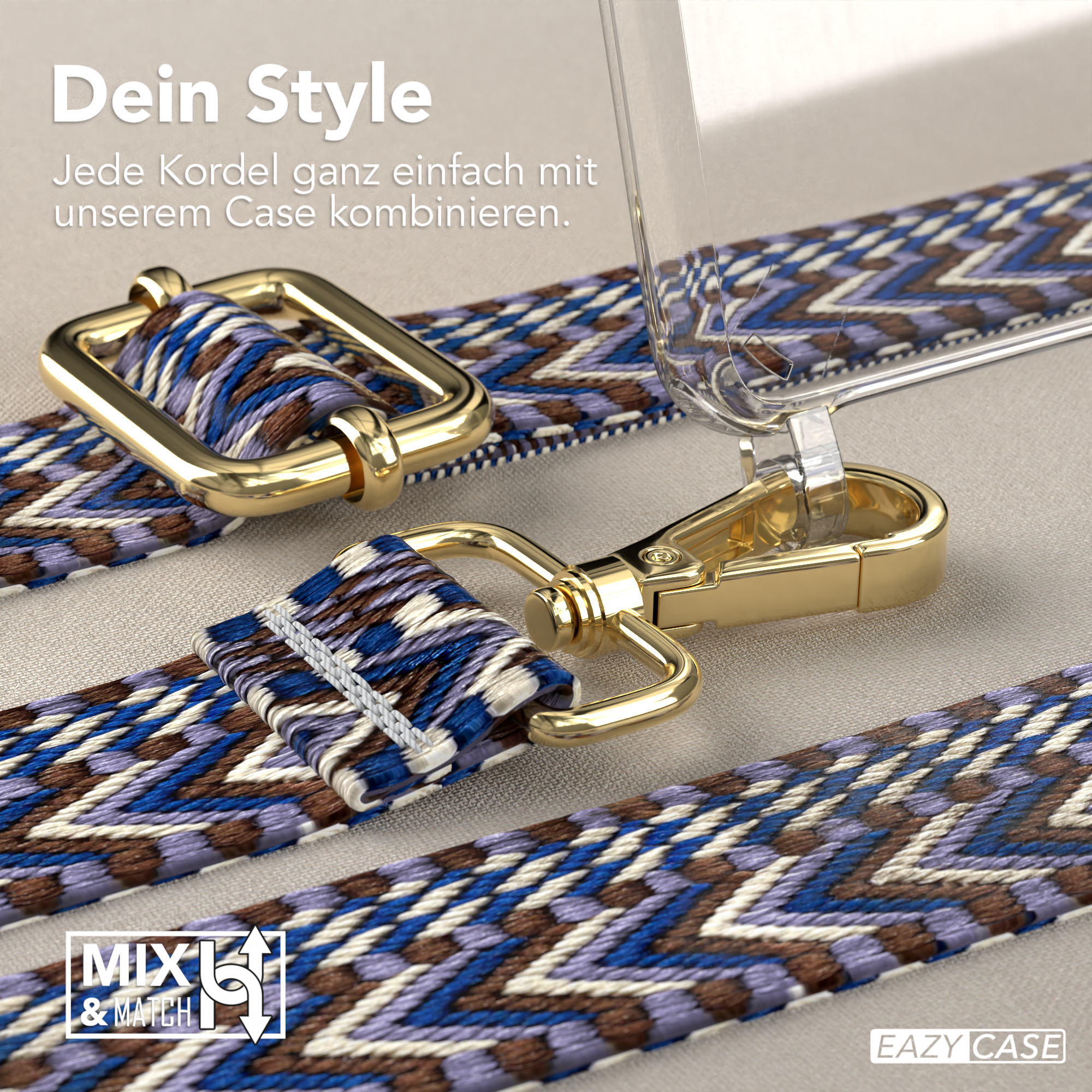 Nahaufnahme einer Handyhülle mit Riemen, goldener Hardware und farbenfrohem Webmuster.