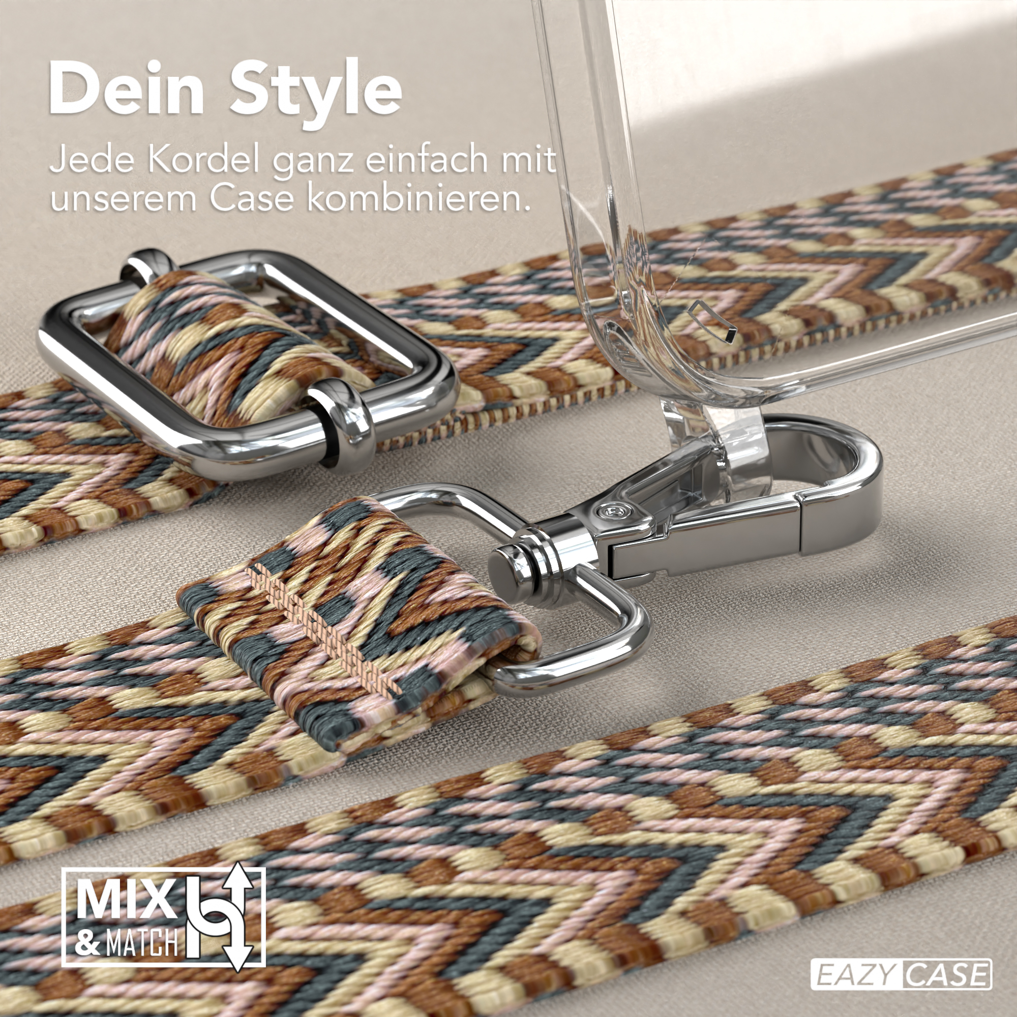 Nahaufnahme einer Handyhülle mit buntem Gurt. Silberne Hardware. Text: Dein Style.