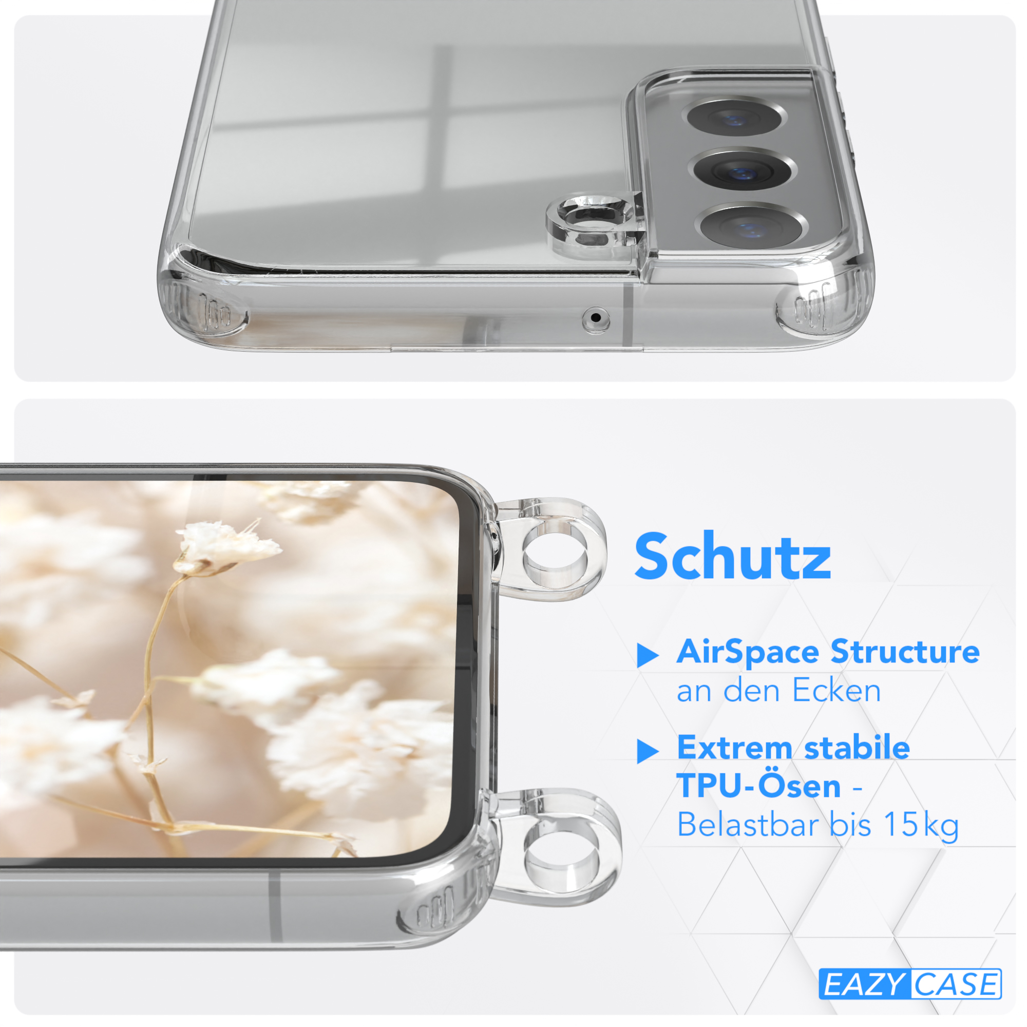 Transparente Handyhülle auf weißer Oberfläche mit Telefon, Text und Details.