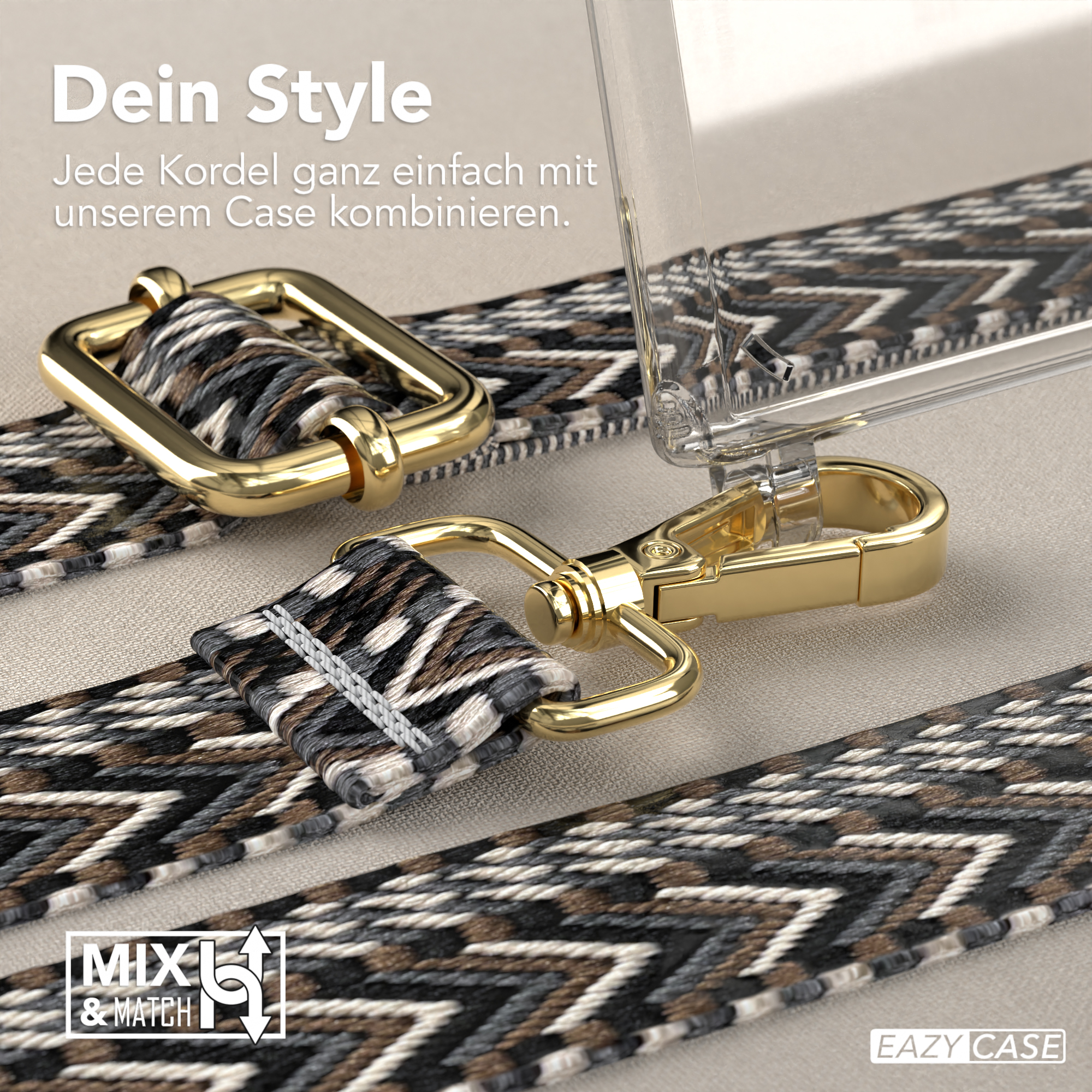 Nahaufnahme eines Telefonbands mit goldenen Verschlüssen. Das Band ist schwarz, weiß und grau gemustert. Text: Dein Style.