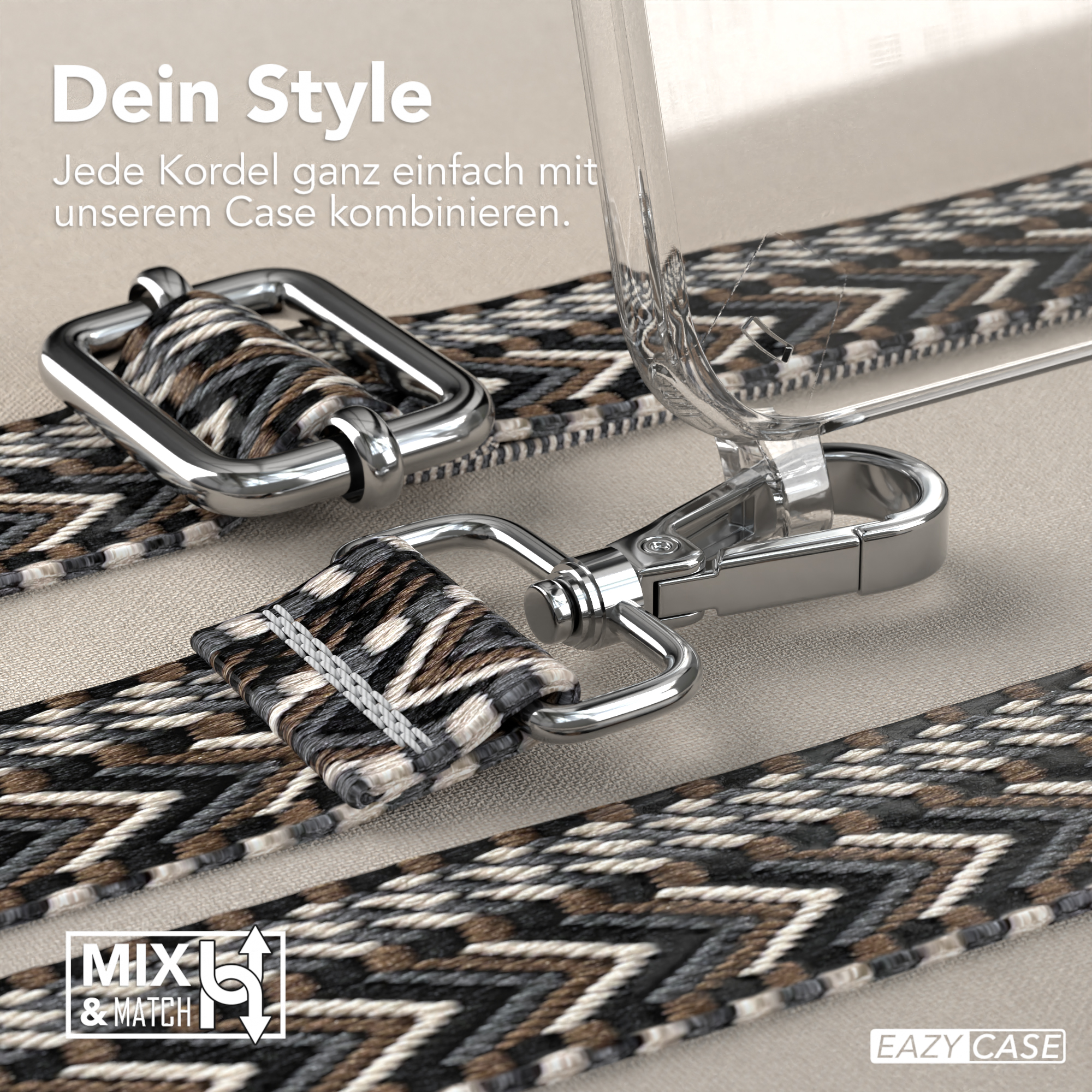 Handyband mit dekorativem Riemen und Metallverschluss. Der Riemen ist schwarz und braun.