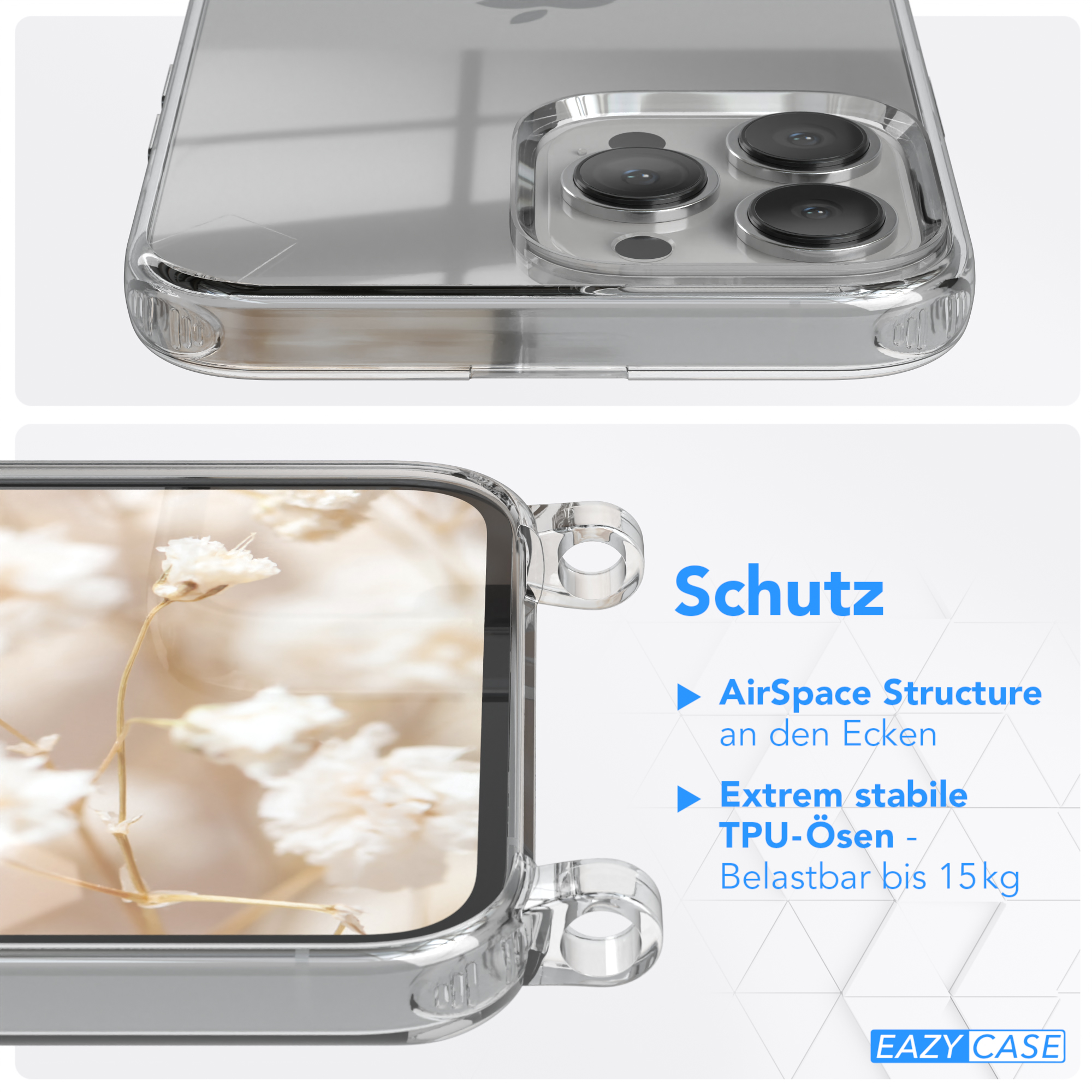 EAZY CASE Transparente Schwarz Max, Style, Pro / Grau mit iPhone Umhängetasche, 13 Boho Apple, Handyhülle Kordel