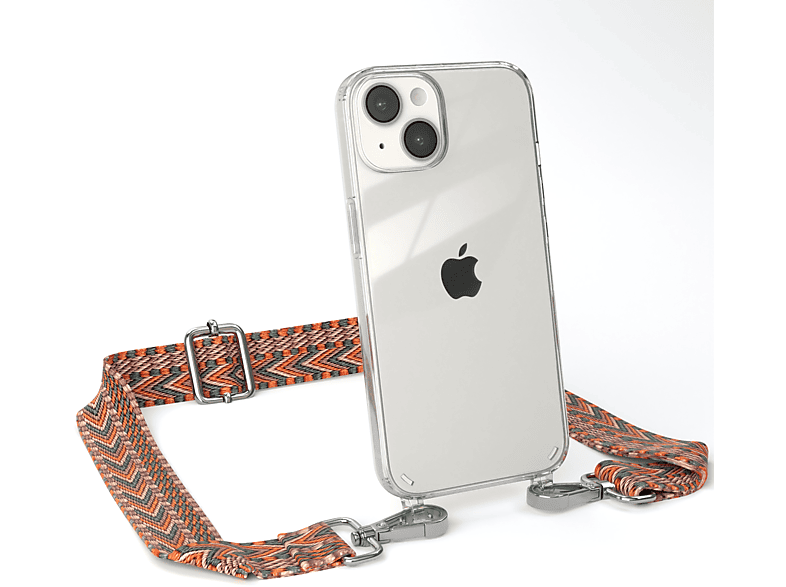 EAZY CASE Transparente Handyhülle mit Kordel Boho Style, Umhängetasche, Apple, iPhone 14, Orange / Grün