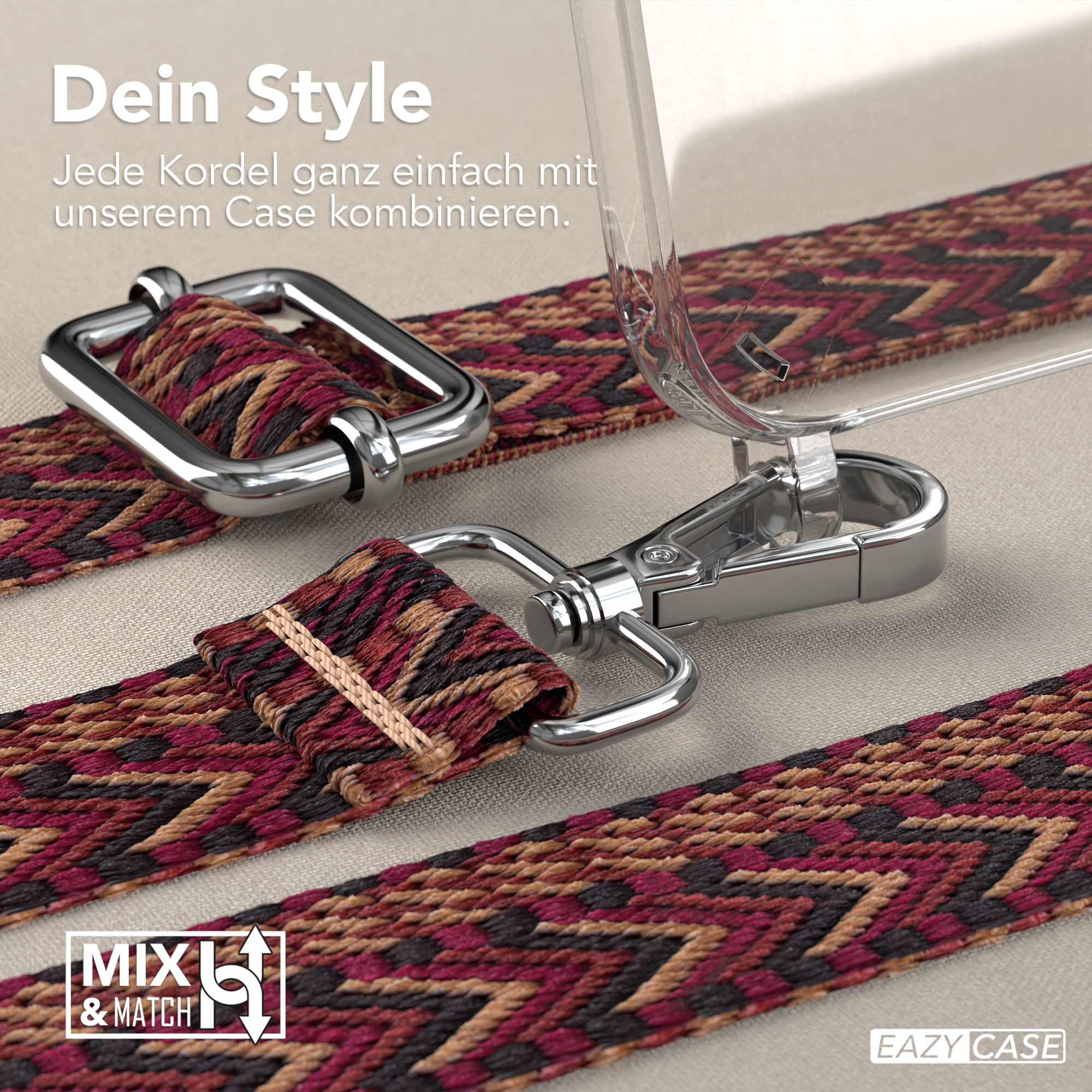 Nahaufnahme von Handystrap und Hülle mit farbenfrohem Webmuster. Silberne Metallbeschläge sichtbar.
