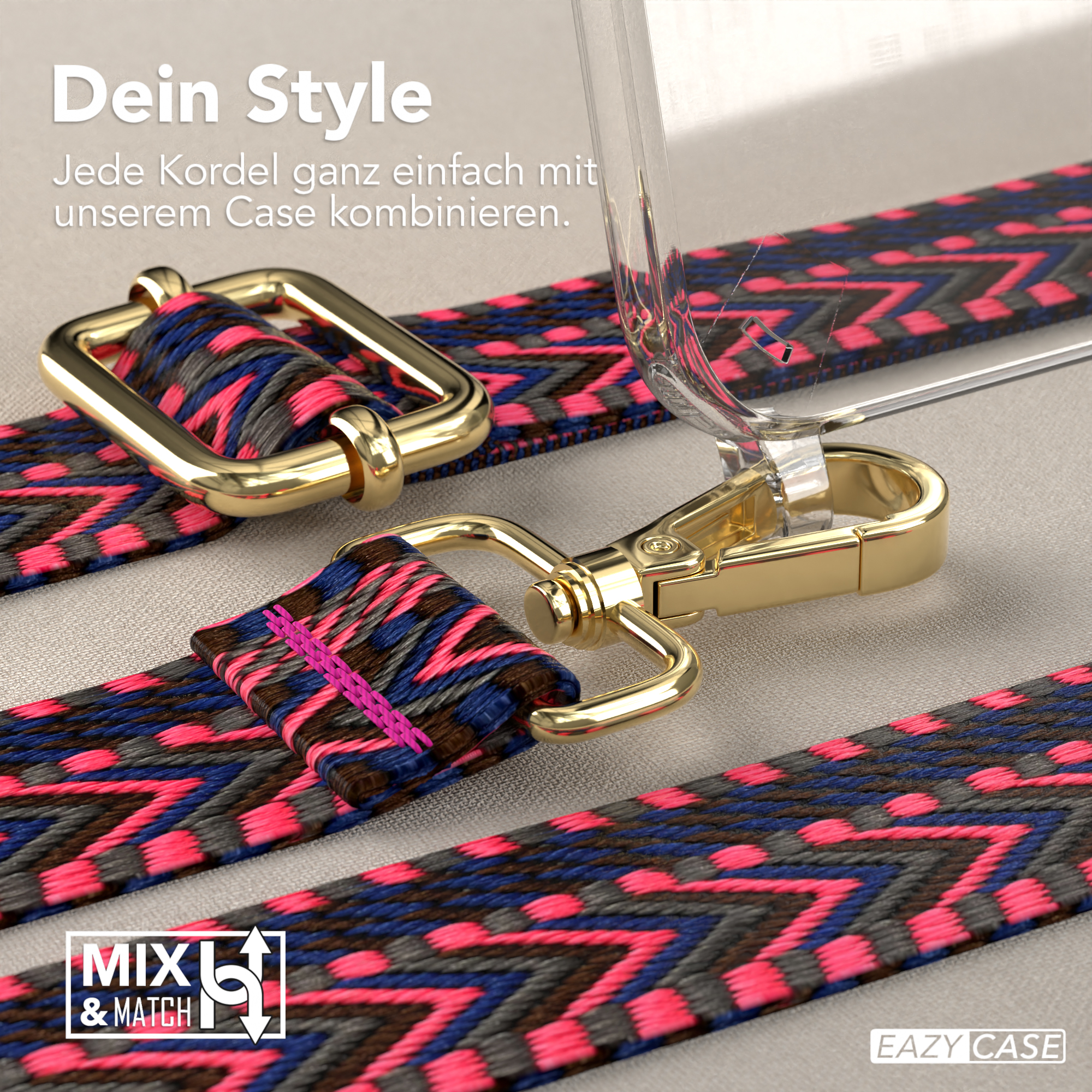Nahaufnahme des Telefonriemens. Goldener Verschluss und Beschläge. Rosa, blaues und braunes Muster.