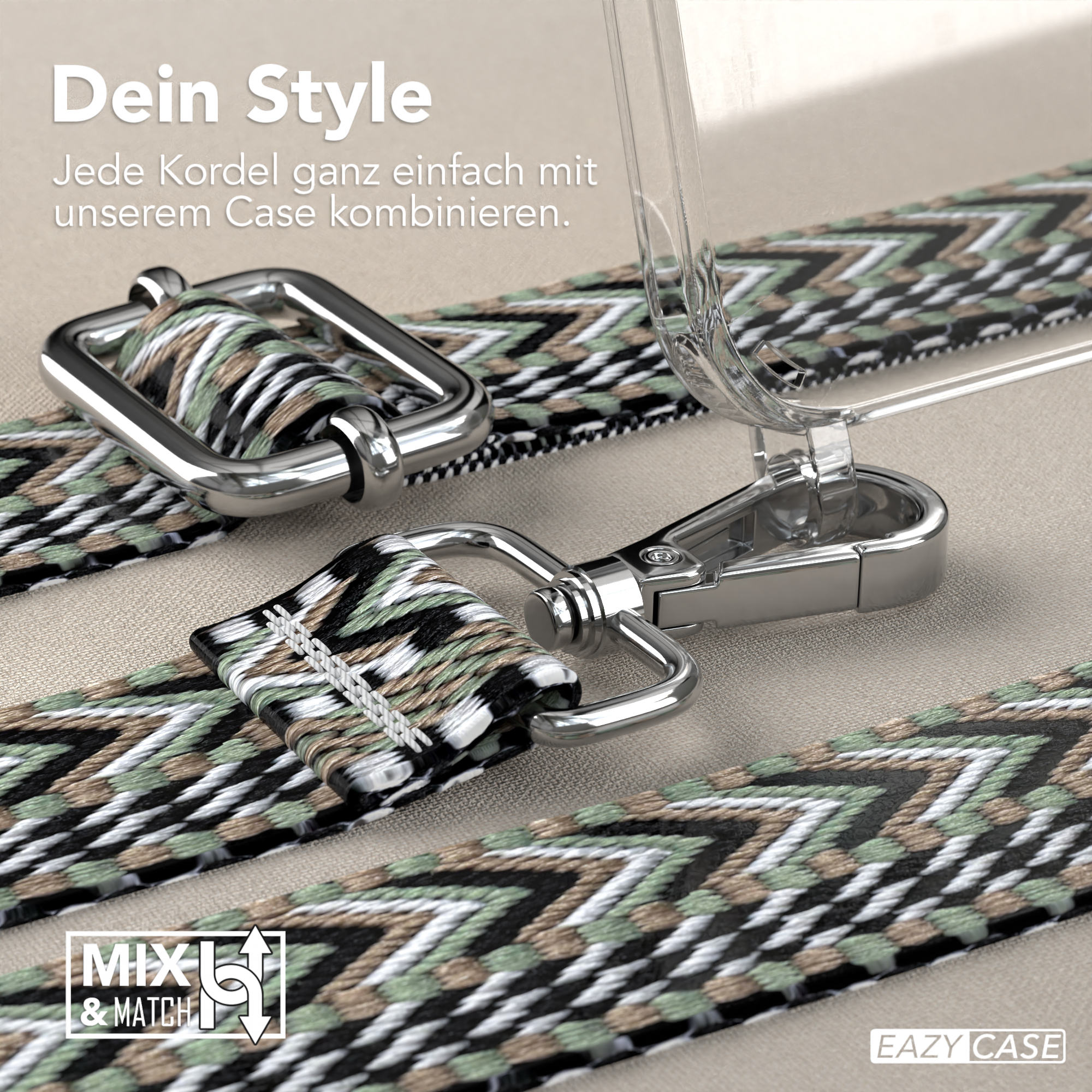 Nahaufnahme einer Handyhülle mit gemustertem Gurt. Silberne Hardware, aufwendiges Webdesign und Mix & Match Text.