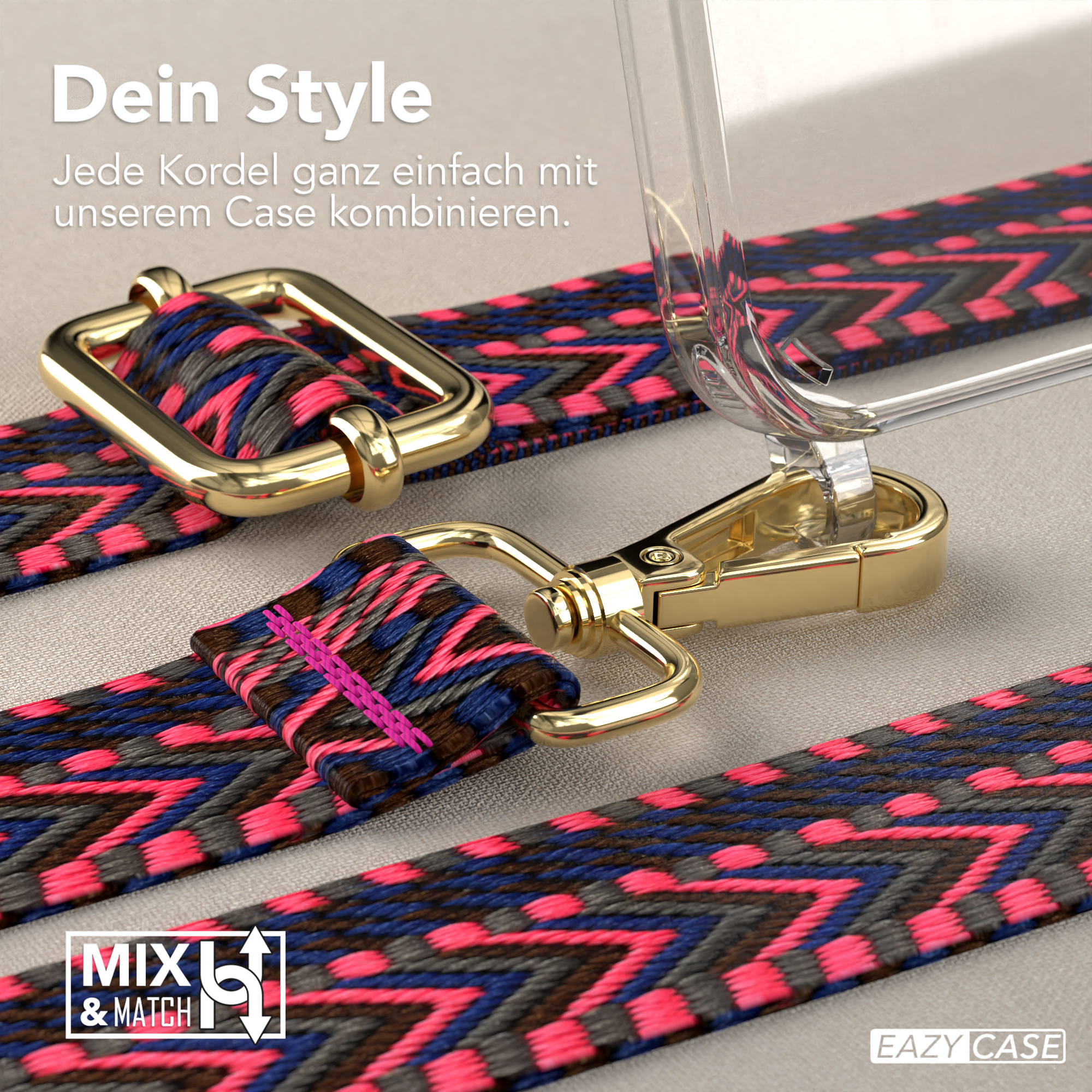 Handyhülle mit Band. Goldener Verschluss und farbenfrohes Band mit geometrischem Muster.
