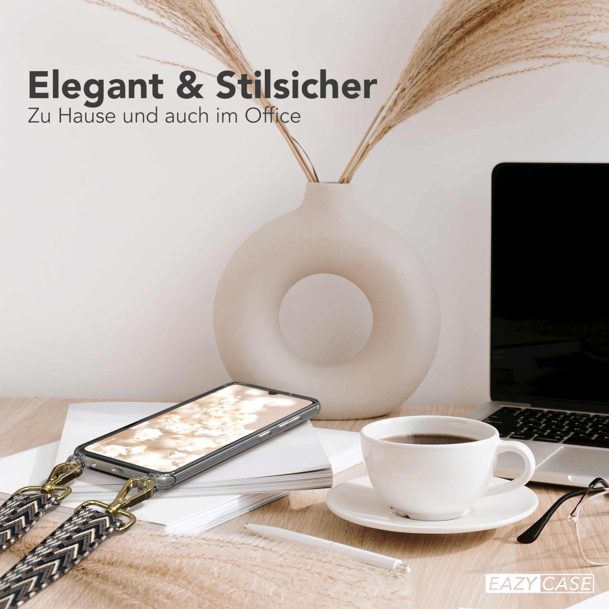 EAZY CASE Transparente Handyhülle Grau Galaxy A41, mit Umhängetasche, / Style, Schwarz Kordel Samsung, Boho