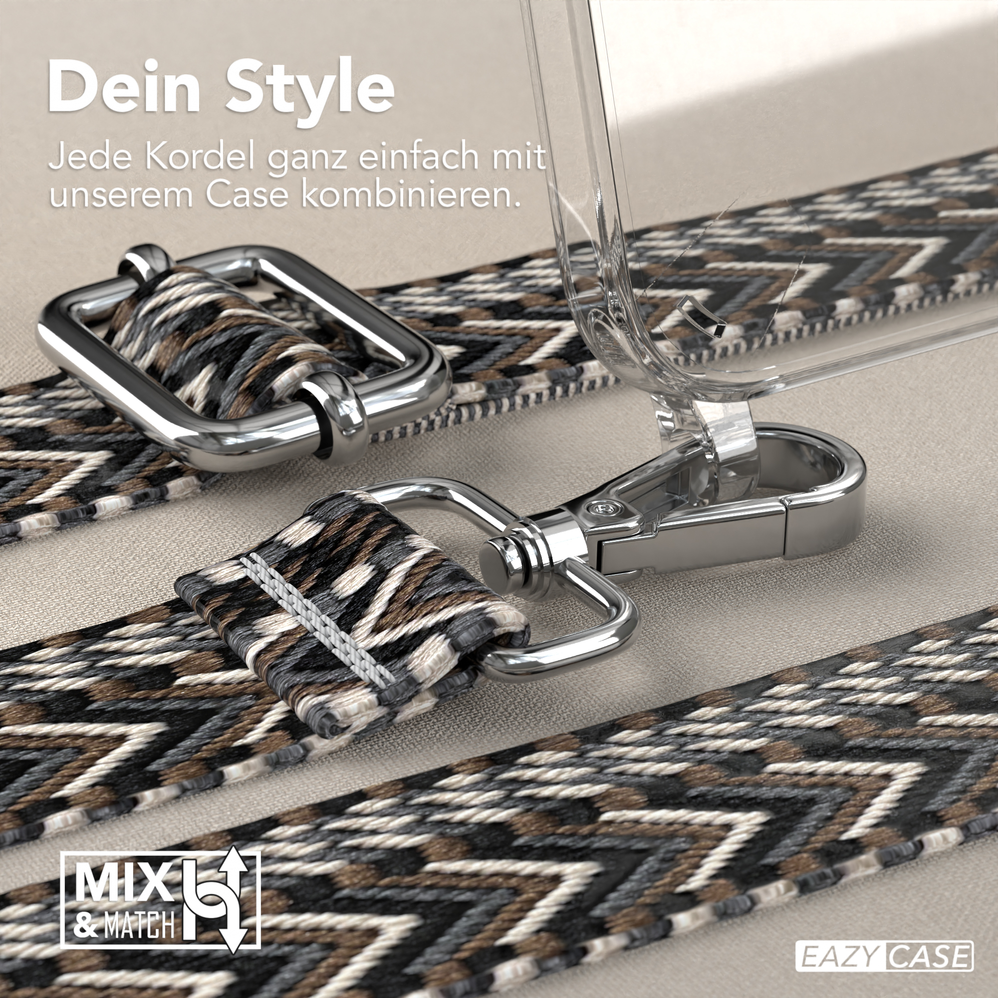 Nahaufnahme von Handyhüllenriemen und Metallverschlüssen.
