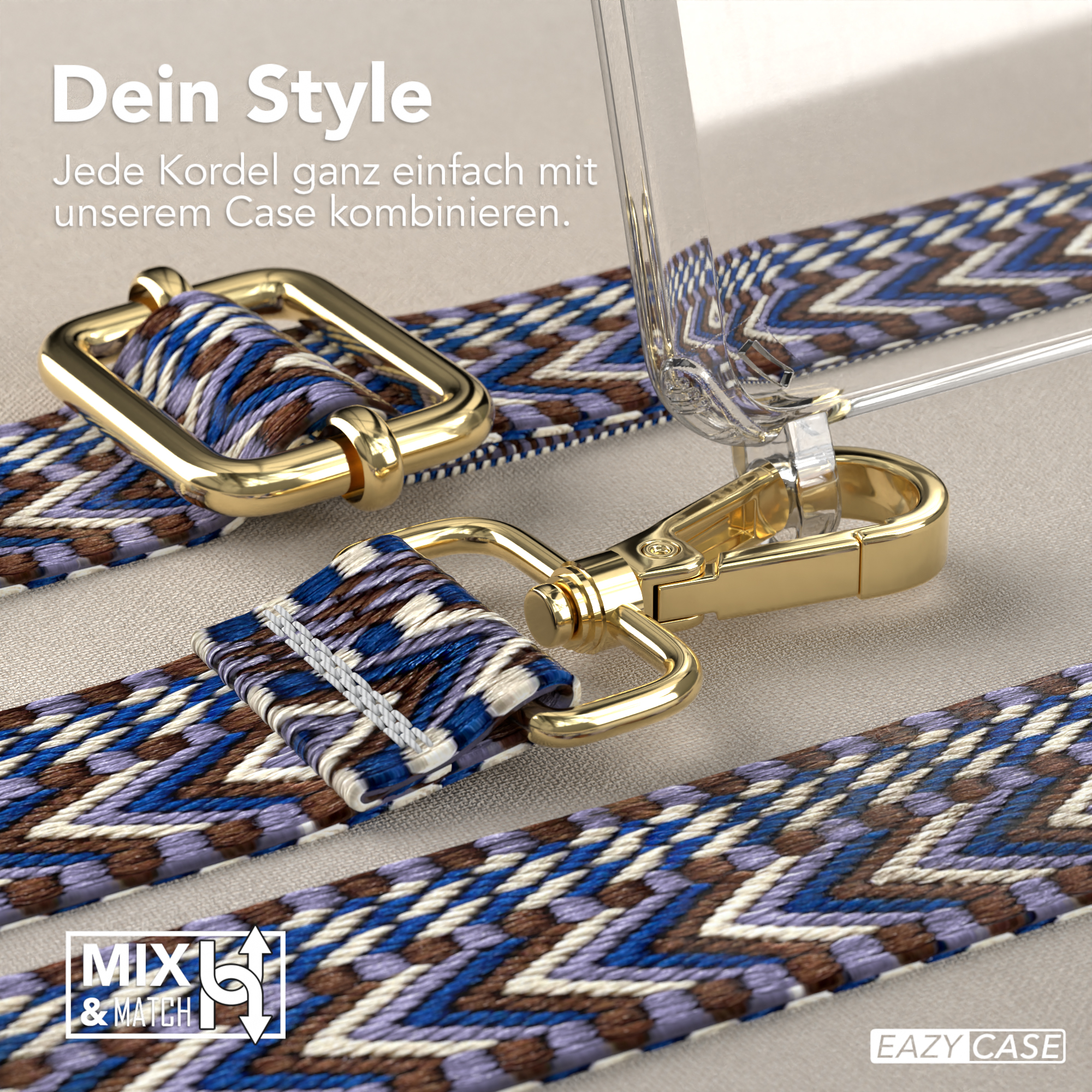 Nahaufnahme von Handyhüllen-Gurt und Zubehör. Blau-braun gemusterter Gurt mit goldenem Verschluss.