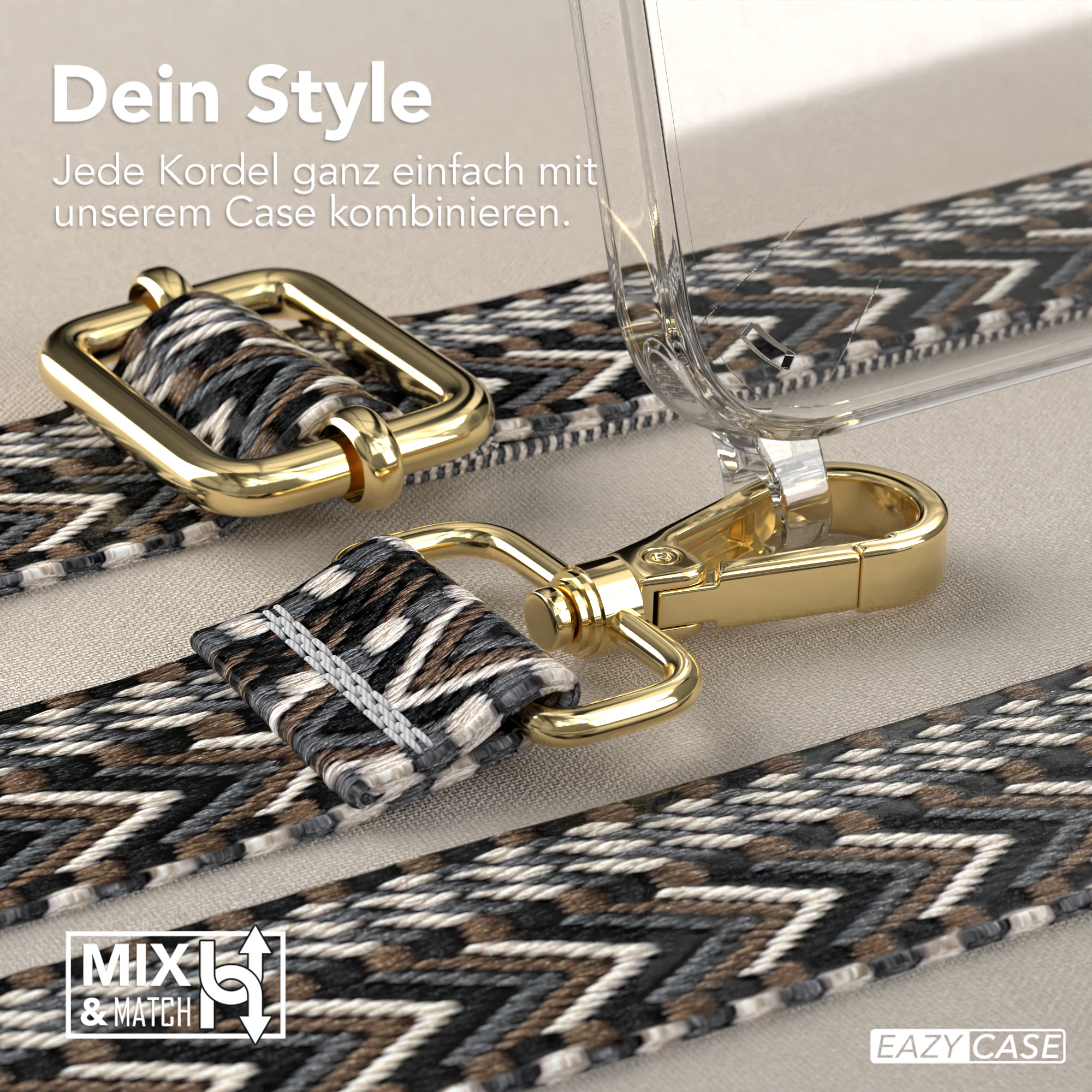 Nahaufnahme von Handyriementeilen, goldenes Metall und braunes Webdesign.