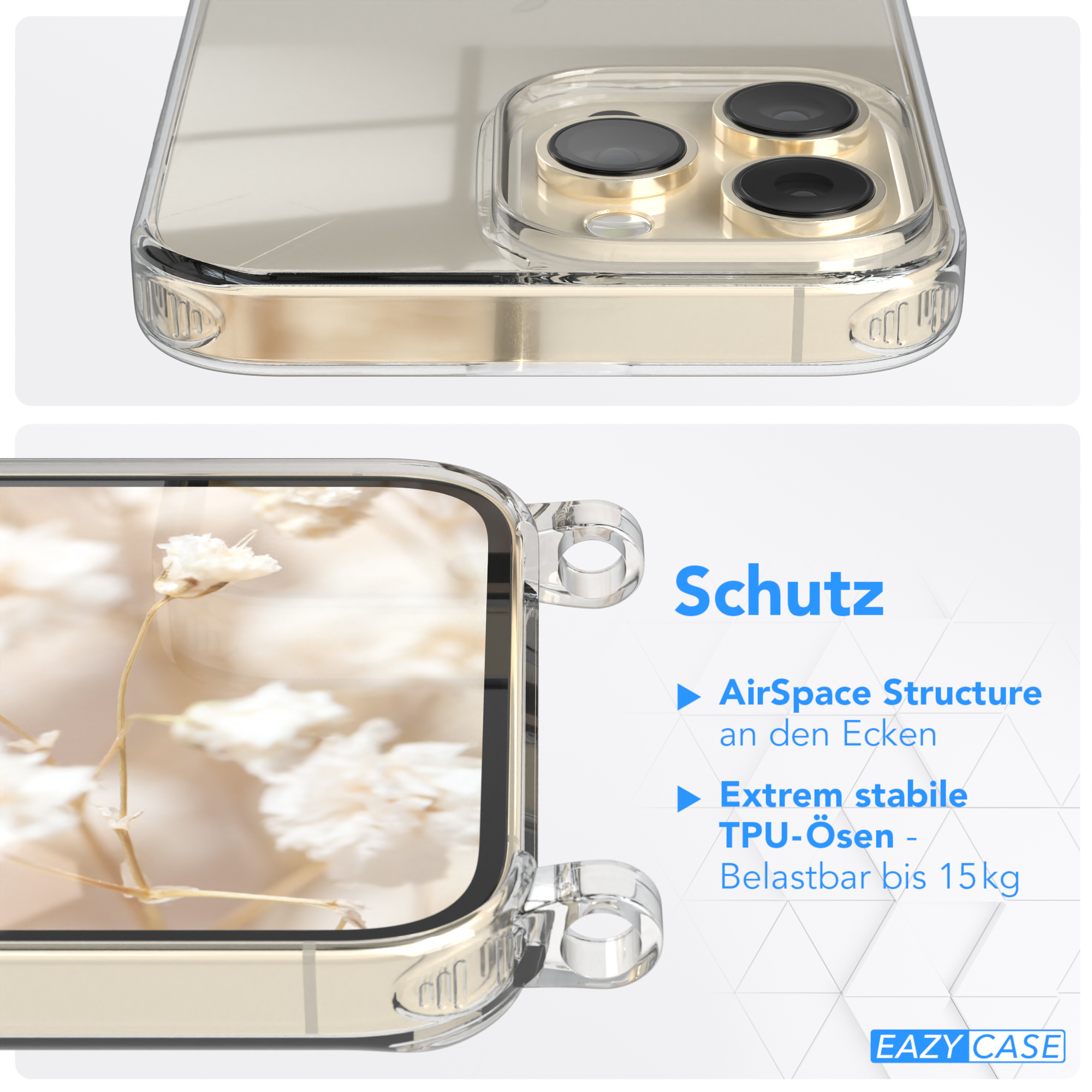 Transparente Handyhülle mit Blumenhintergrund. Eckenschutz und strapazierfähiges TPU. Eazy Case Logo.