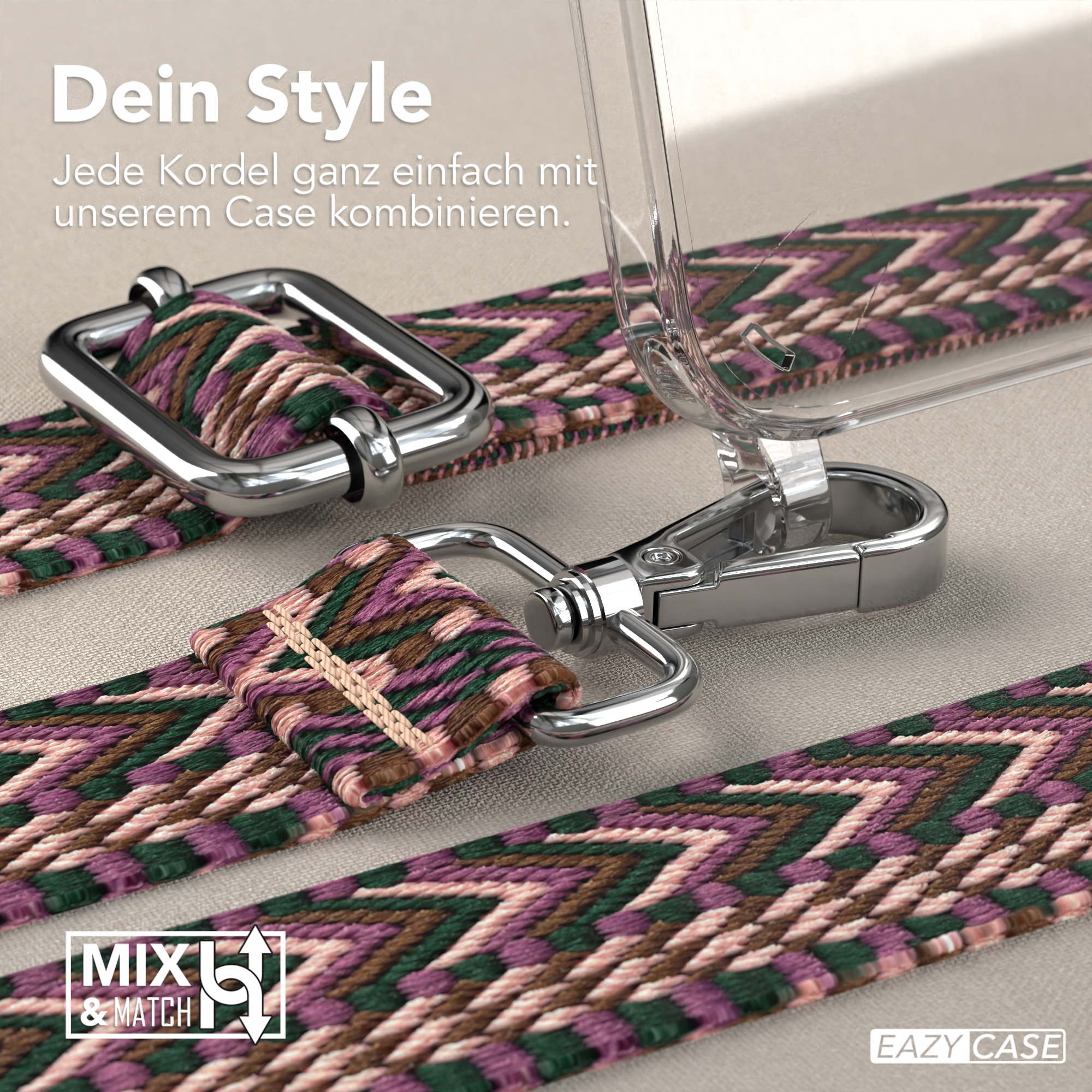 Nahaufnahme einer transparenten Handyhülle mit einem lila und grün gemusterten Handystrap. Silberne Hardware.