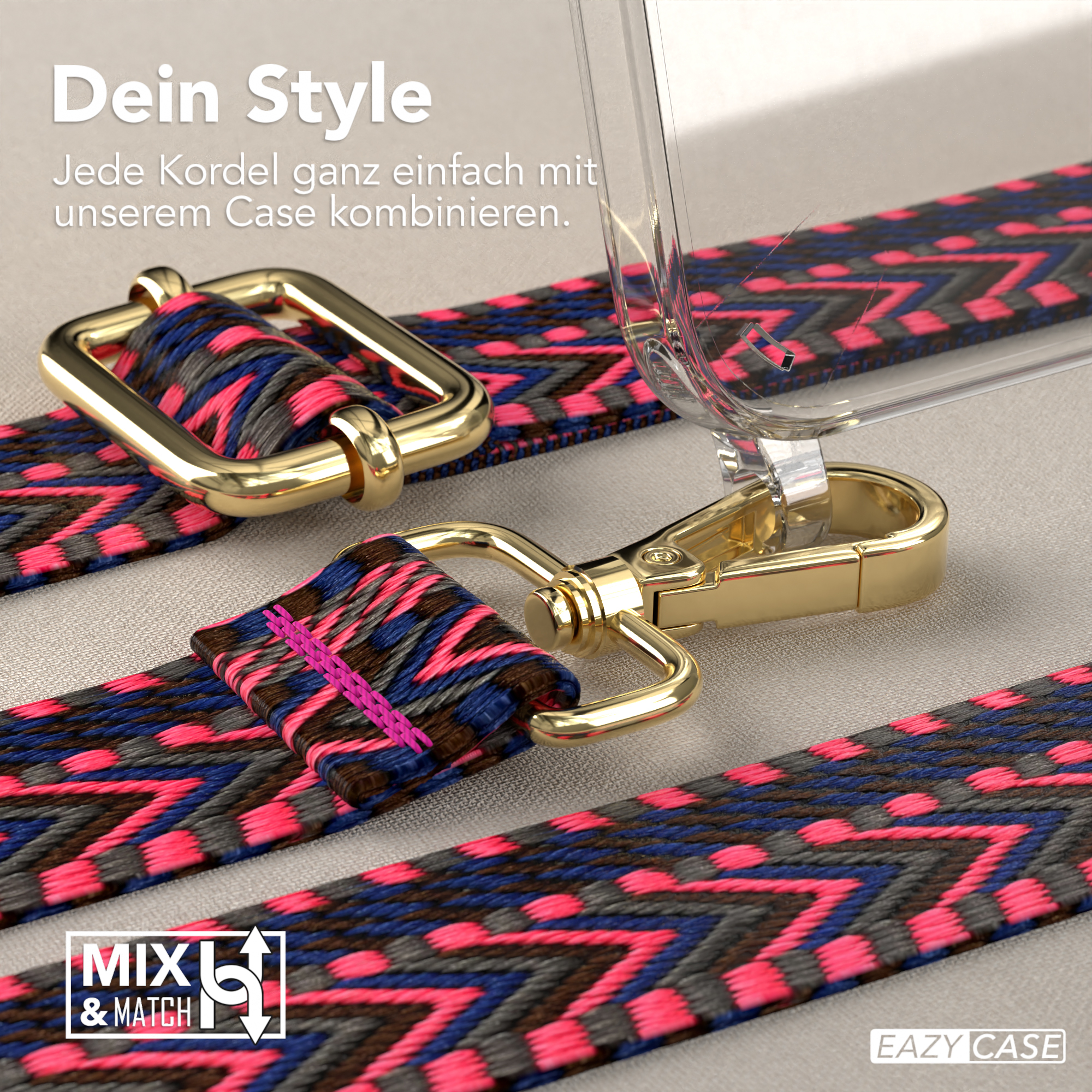 Nahaufnahme eines Telefonriemens mit rosa, blauen und braunen Mustern und goldfarbener Hardware.