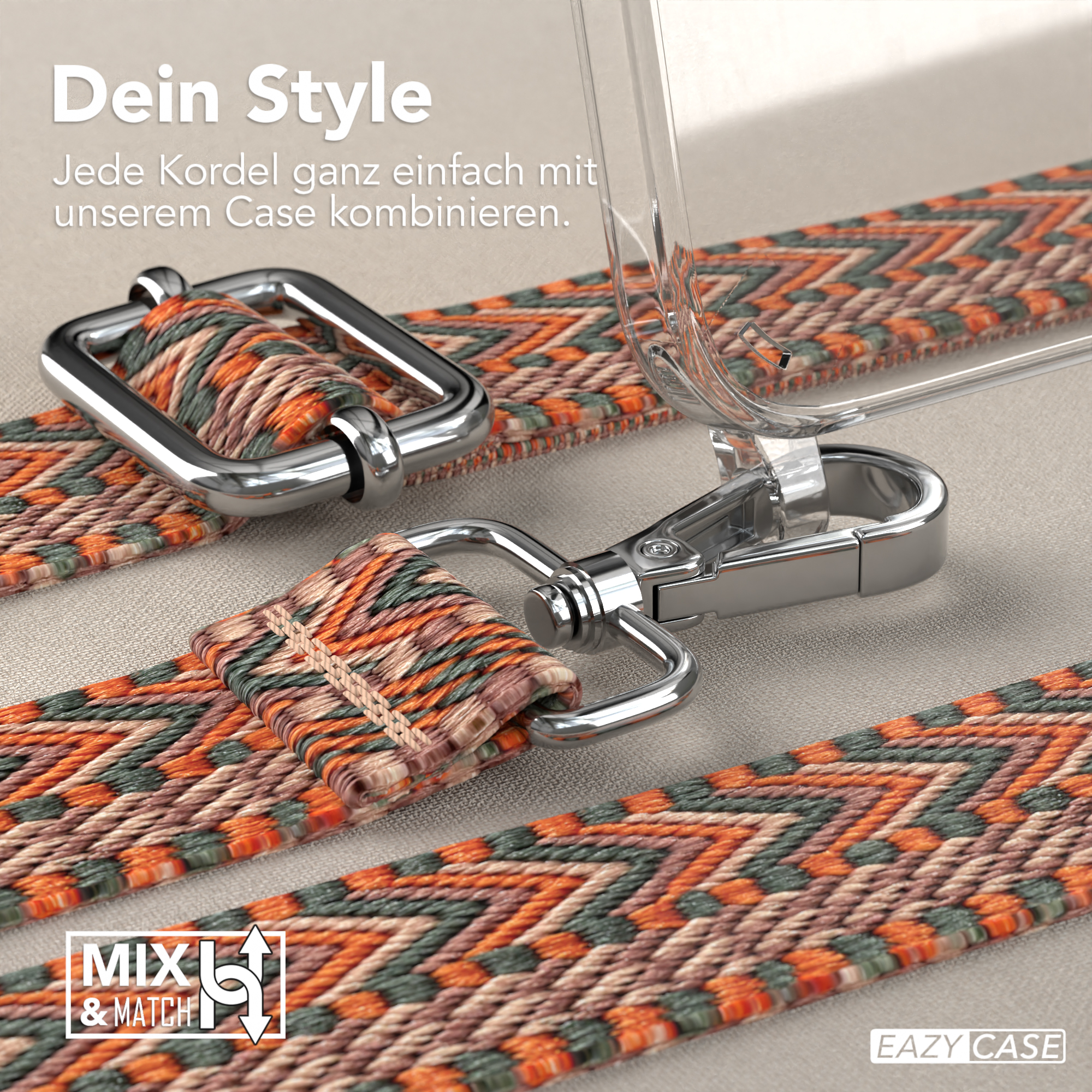 Nahaufnahme von Telefonriemen-Komponenten. Der Riemen hat ein gemustertes Design. Das Design umfasst grüne und orange Elemente.