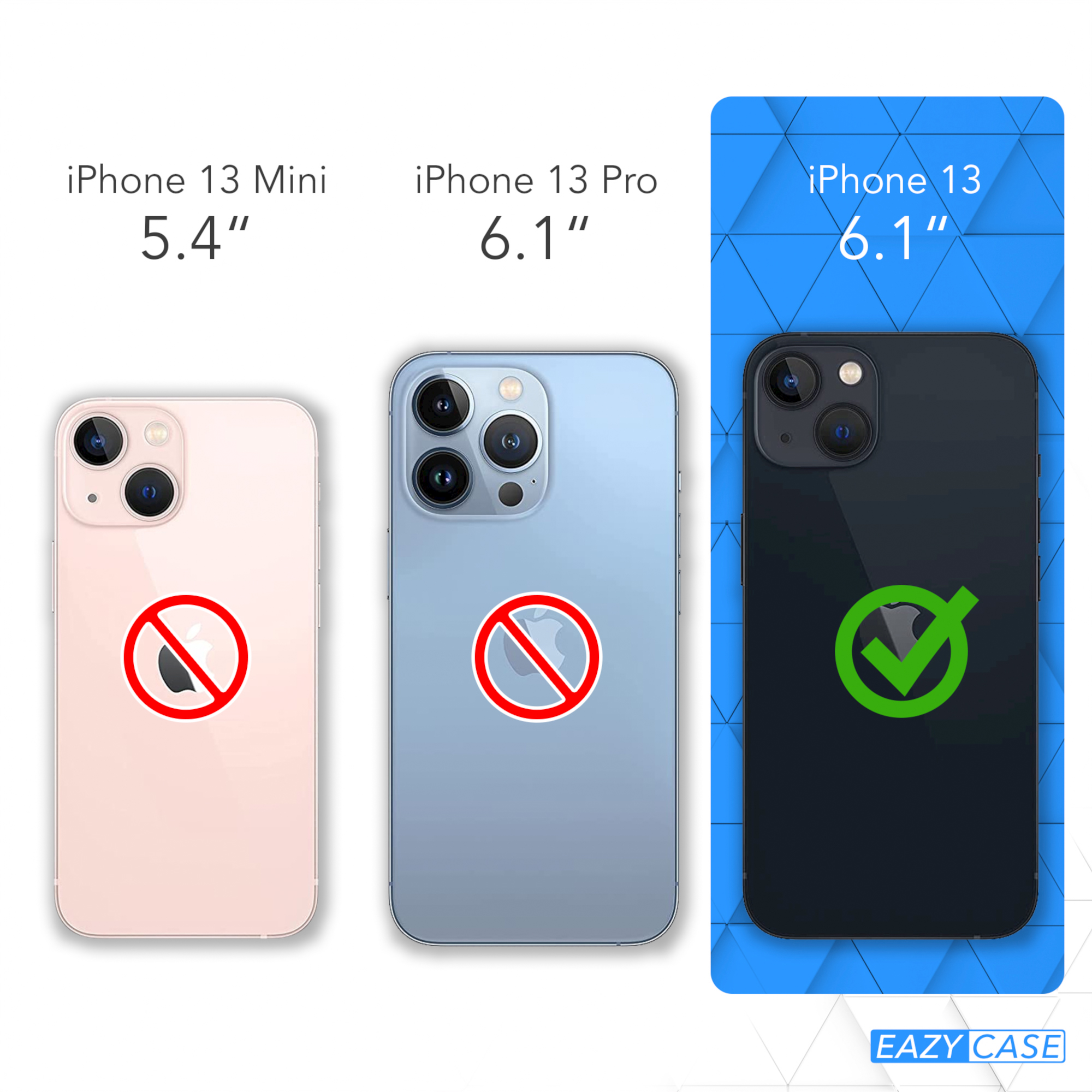 Drei Telefone, das iPhone 13 Pro hat die richtige Größe. Andere haben ein rotes Verbotsschild.