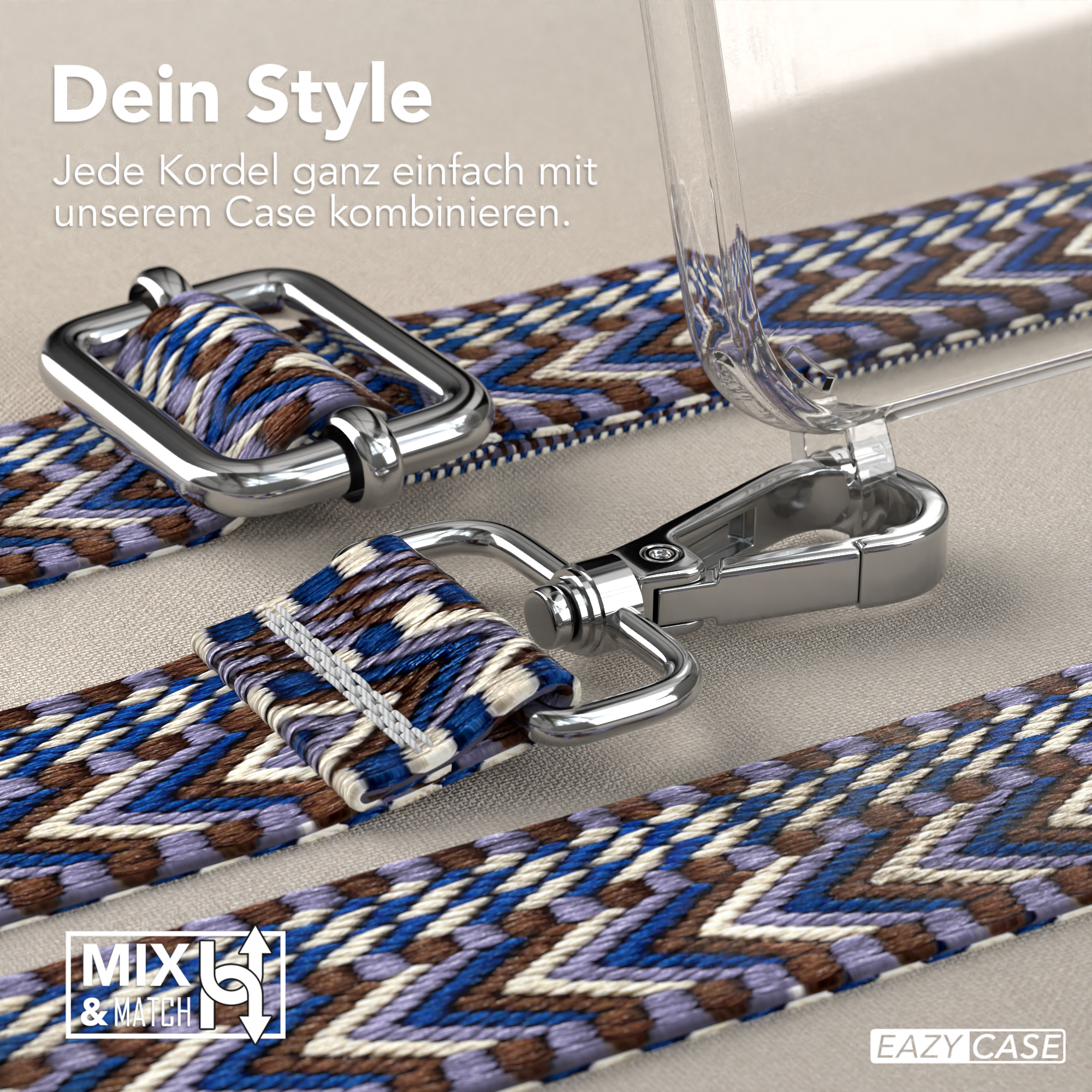 Nahaufnahme von Handystrap und Hülle mit farbenfrohem Webmuster. Silberne Metallbeschläge sichtbar.