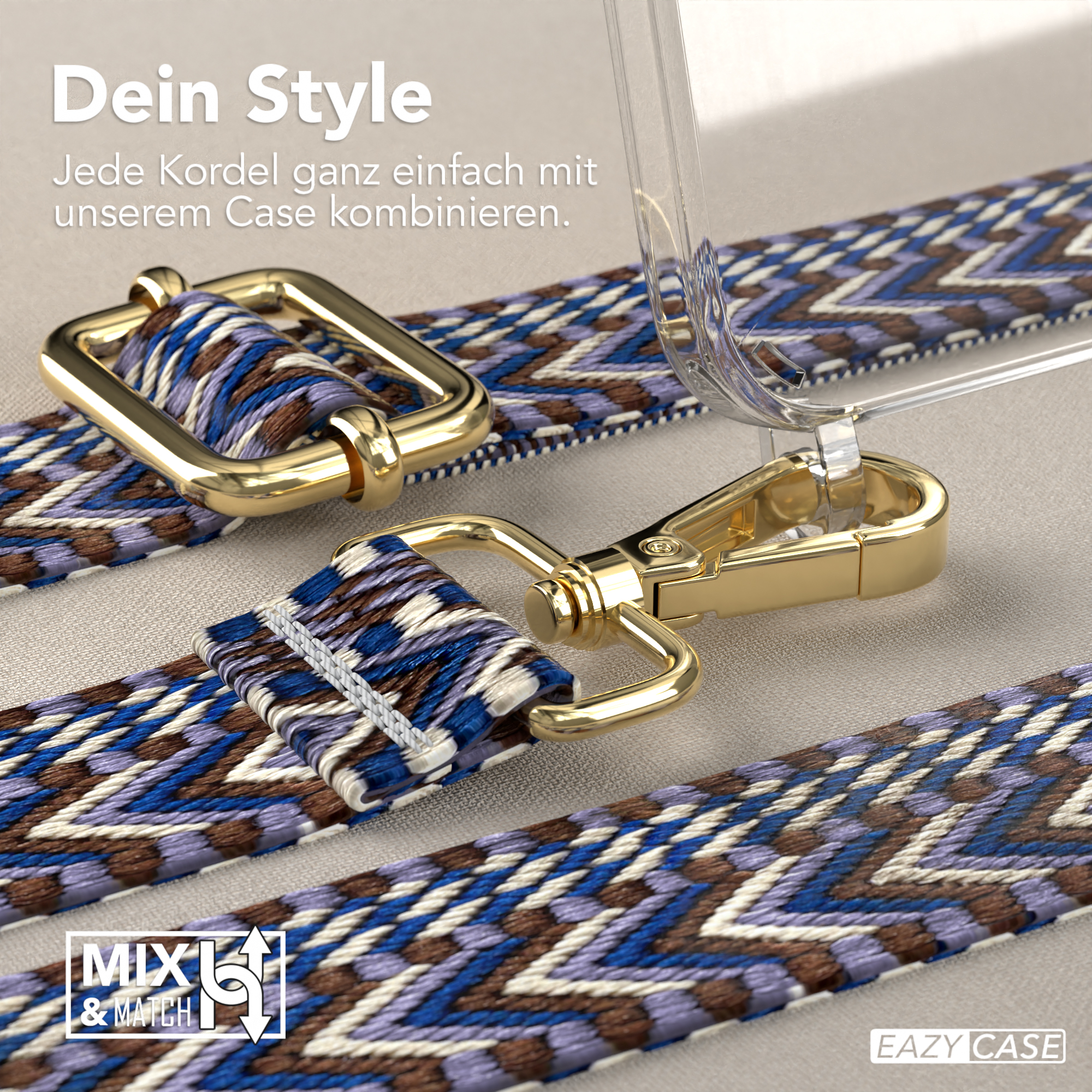 Nahaufnahme eines Gurtes mit goldener Hardware, kombiniert mit einer Handyhülle. Blaues, braunes und violettes Muster.