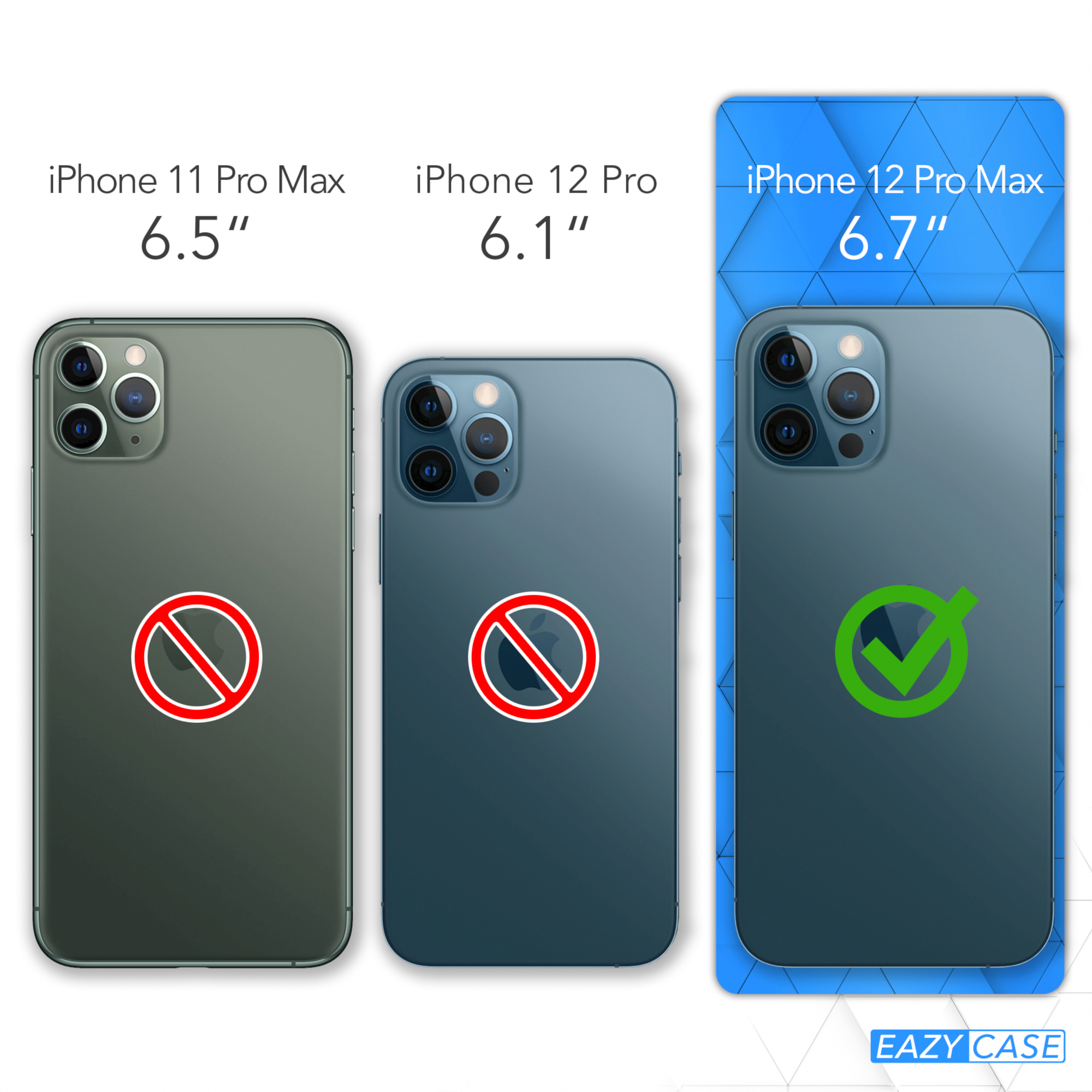 Vergleich der Telefongrößen: iPhone 11 Pro Max, iPhone 12 Pro und iPhone 12 Pro Max, mit Häkchen.