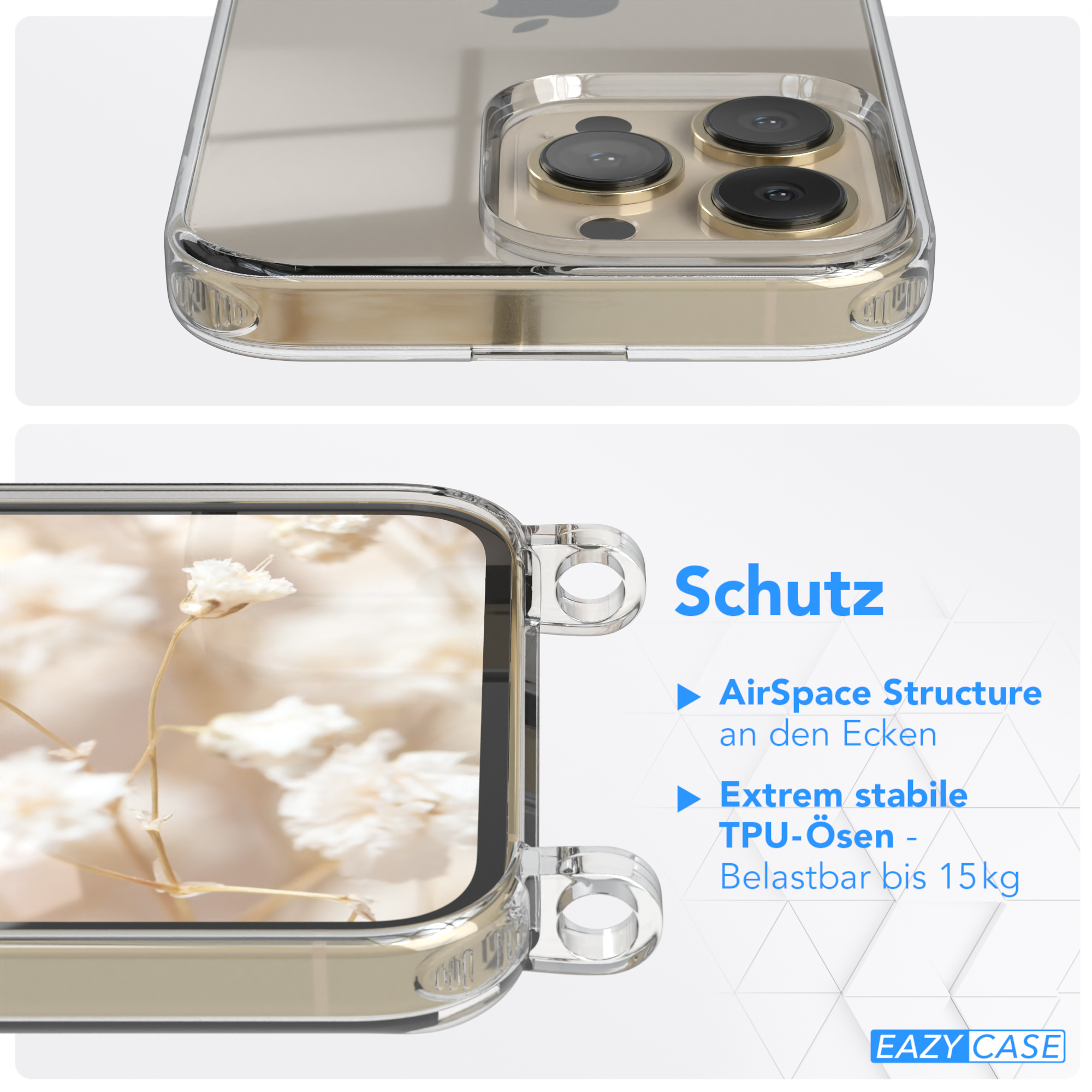 EAZY CASE Transparente Handyhülle Schwarz Apple, Pro, / Grau Boho Style, Umhängetasche, iPhone 13 Kordel mit