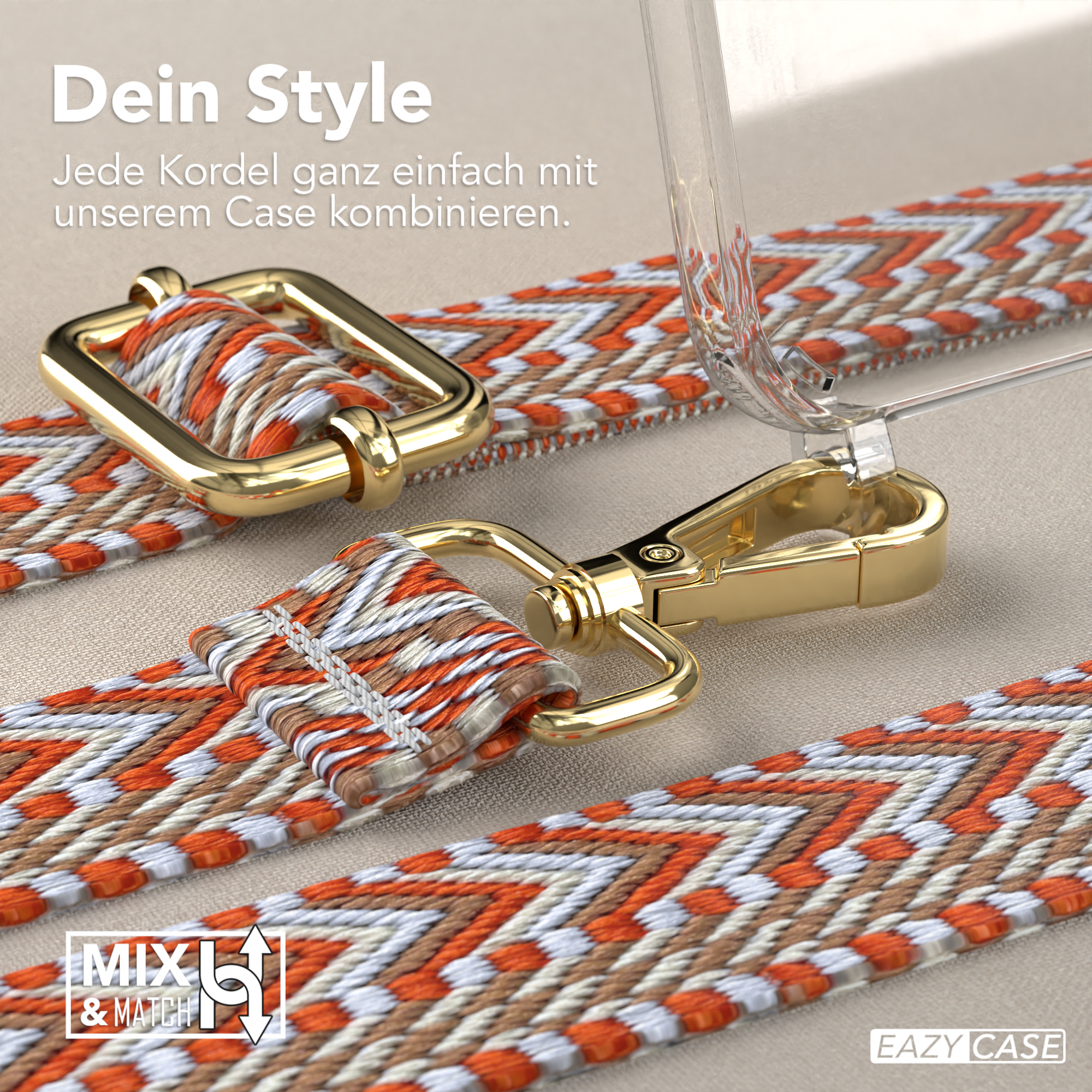 Nahaufnahme von Handytaschenriemen, goldener Verschluss, und die Worte: Mix & Match.