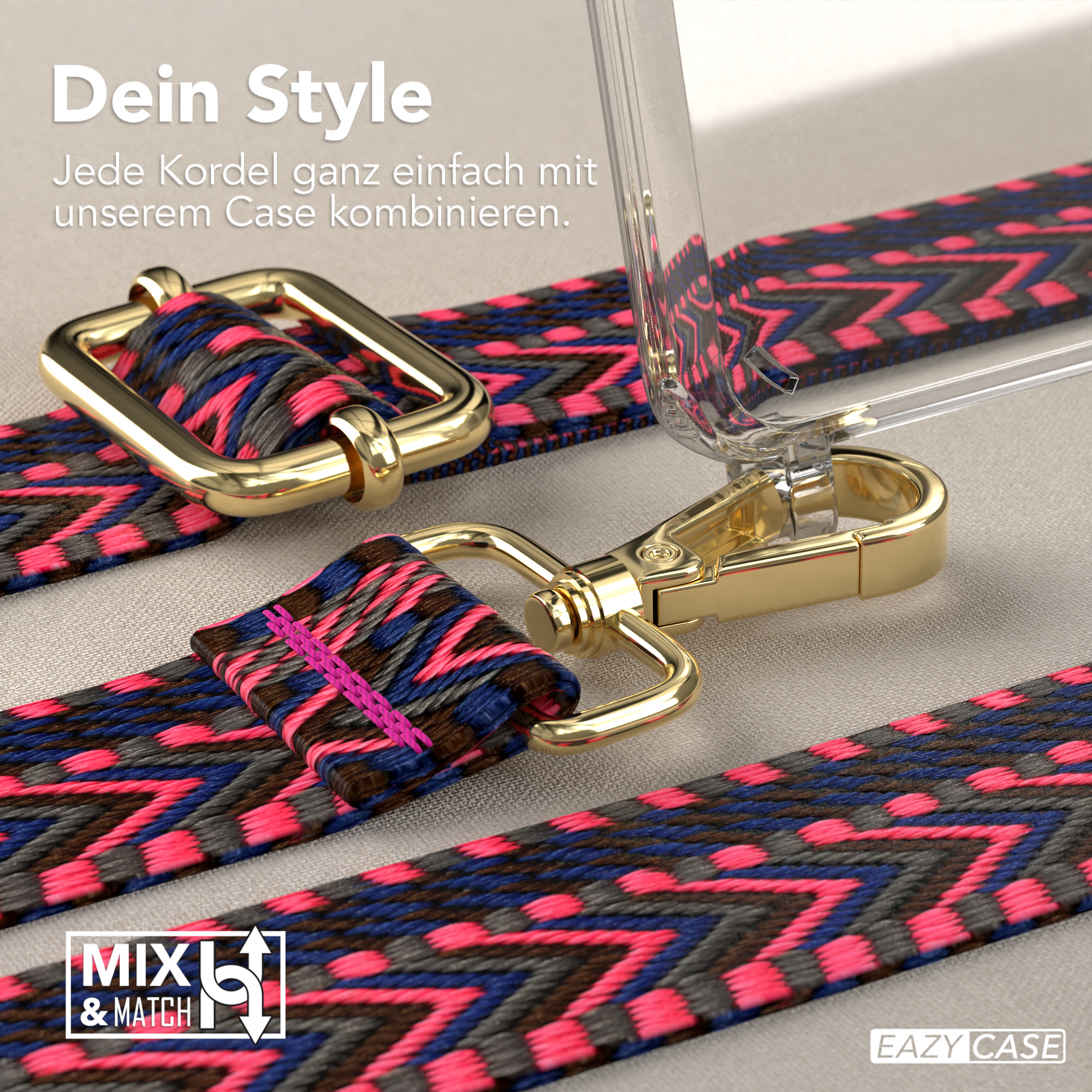 Nahaufnahme von Handyband und Gehäuseteilen, mit pink, blau und grau gemustertem Band.