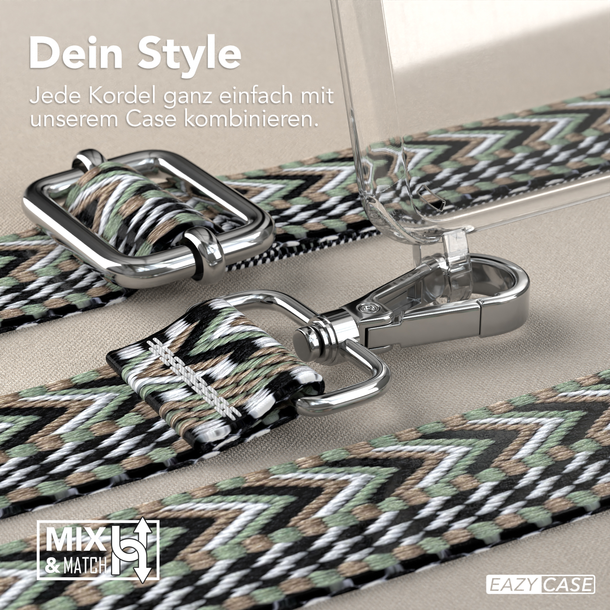Handyhüllenriemen mit goldenen und silbernen Haken. Gurt mit grün-schwarzem Muster.