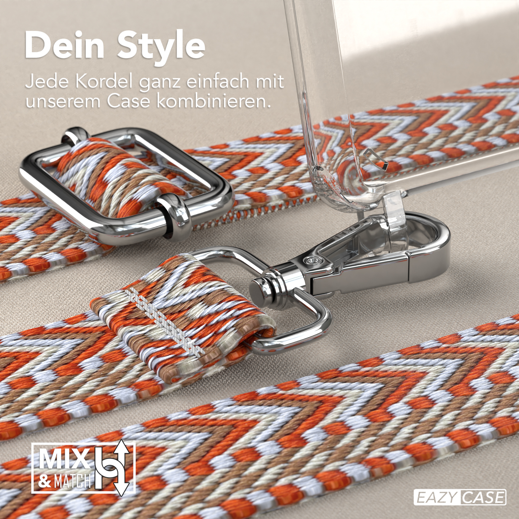 Nahaufnahme des Telefonriemens mit silberner Schließe und orange-braun-weißem Muster.