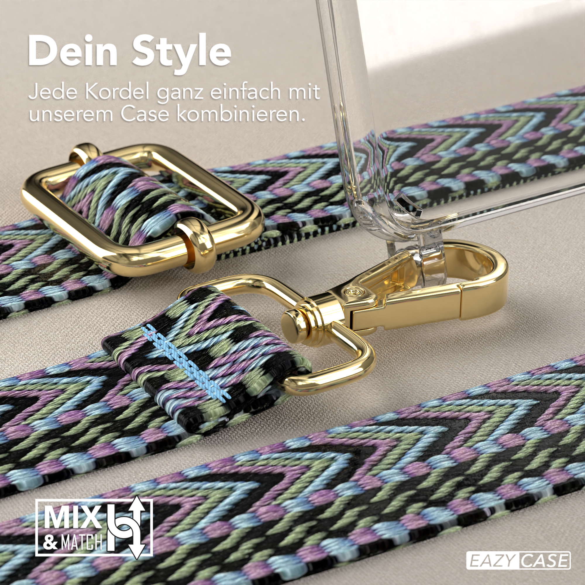 Handyhülle mit farbenfrohem Riemen und Metallverschlüssen auf einer Oberfläche. Mix & Match.