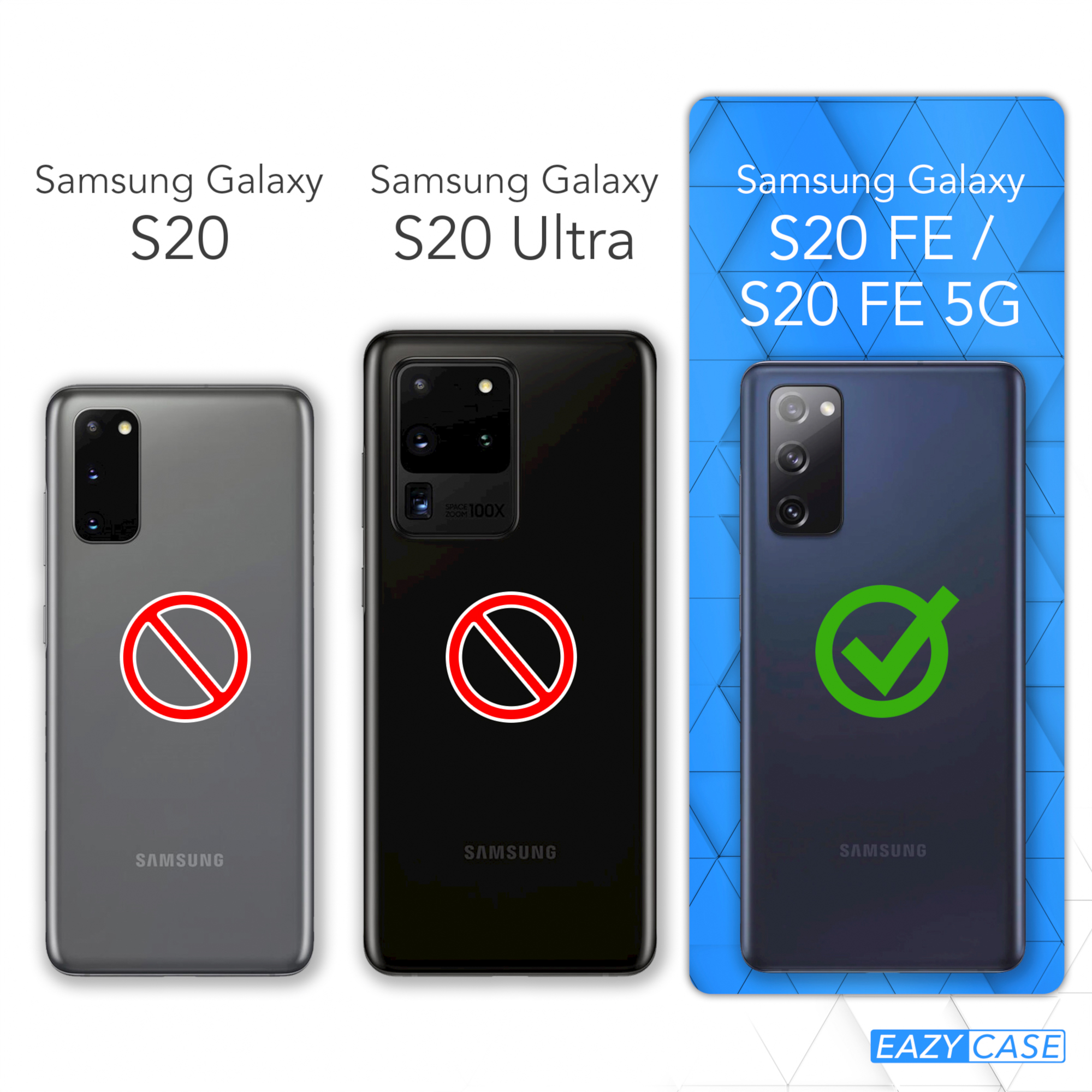 Drei Telefone: S20 grau mit rotem X, S20 Ultra schwarz mit rotem X, S20 FE blau mit grünem Haken.