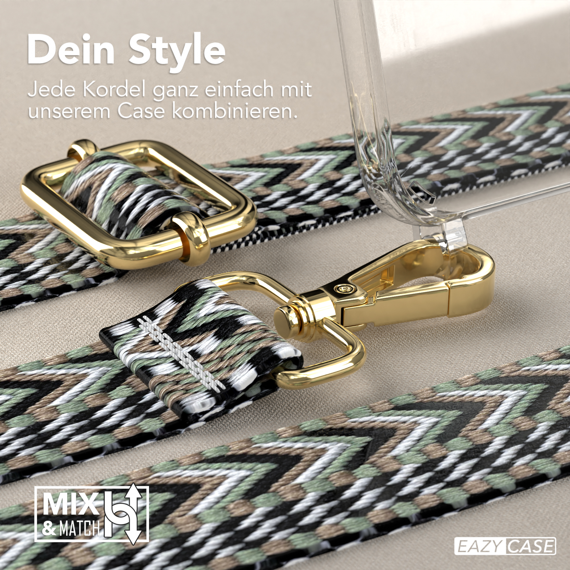 Telefongurt und Anschlüsse auf hellem Hintergrund. Nahaufnahme der Details und Text zum Produkt.