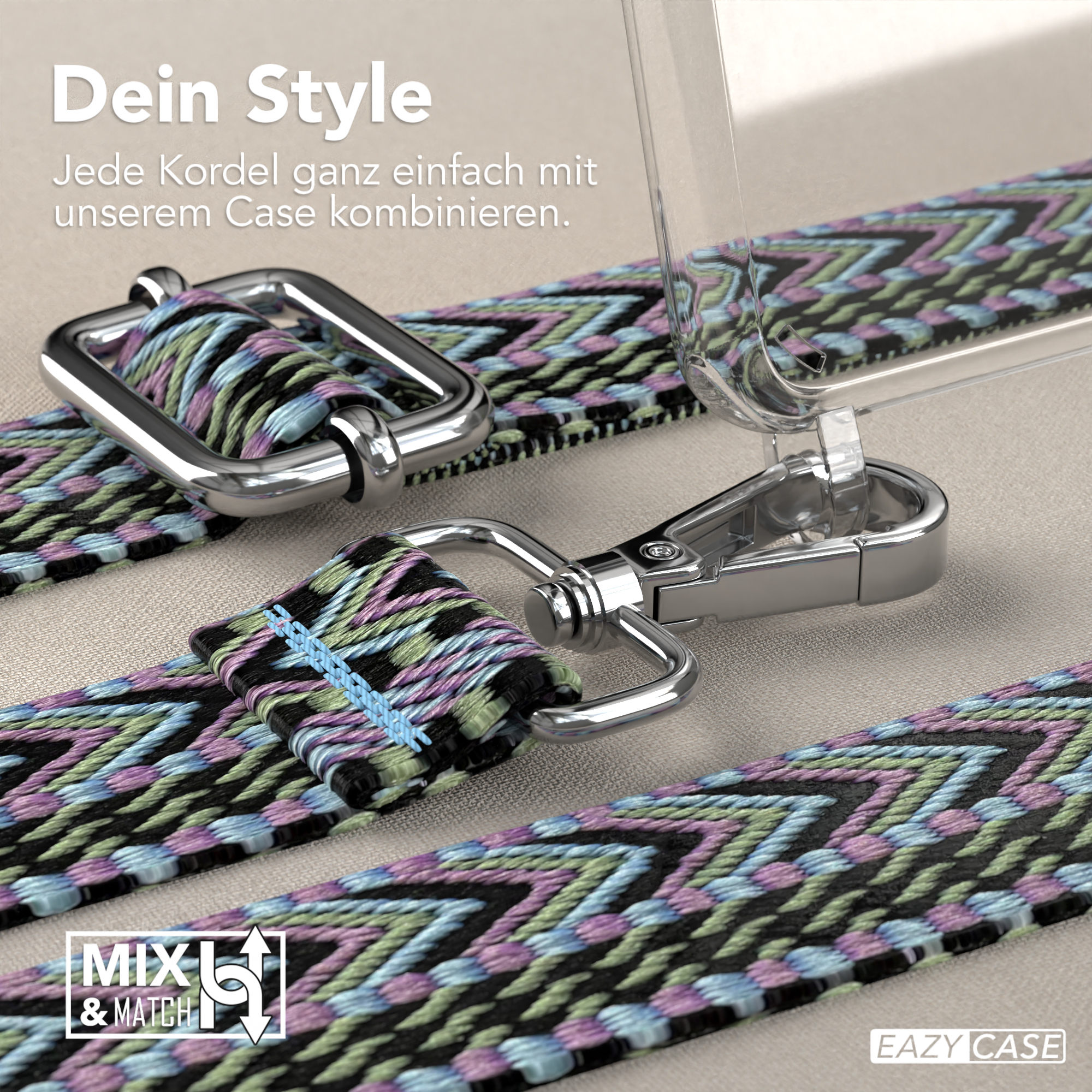 Nahaufnahme eines Riemens mit silberner Hardware und einer durchsichtigen Handyhülle. Text: Dein Style.