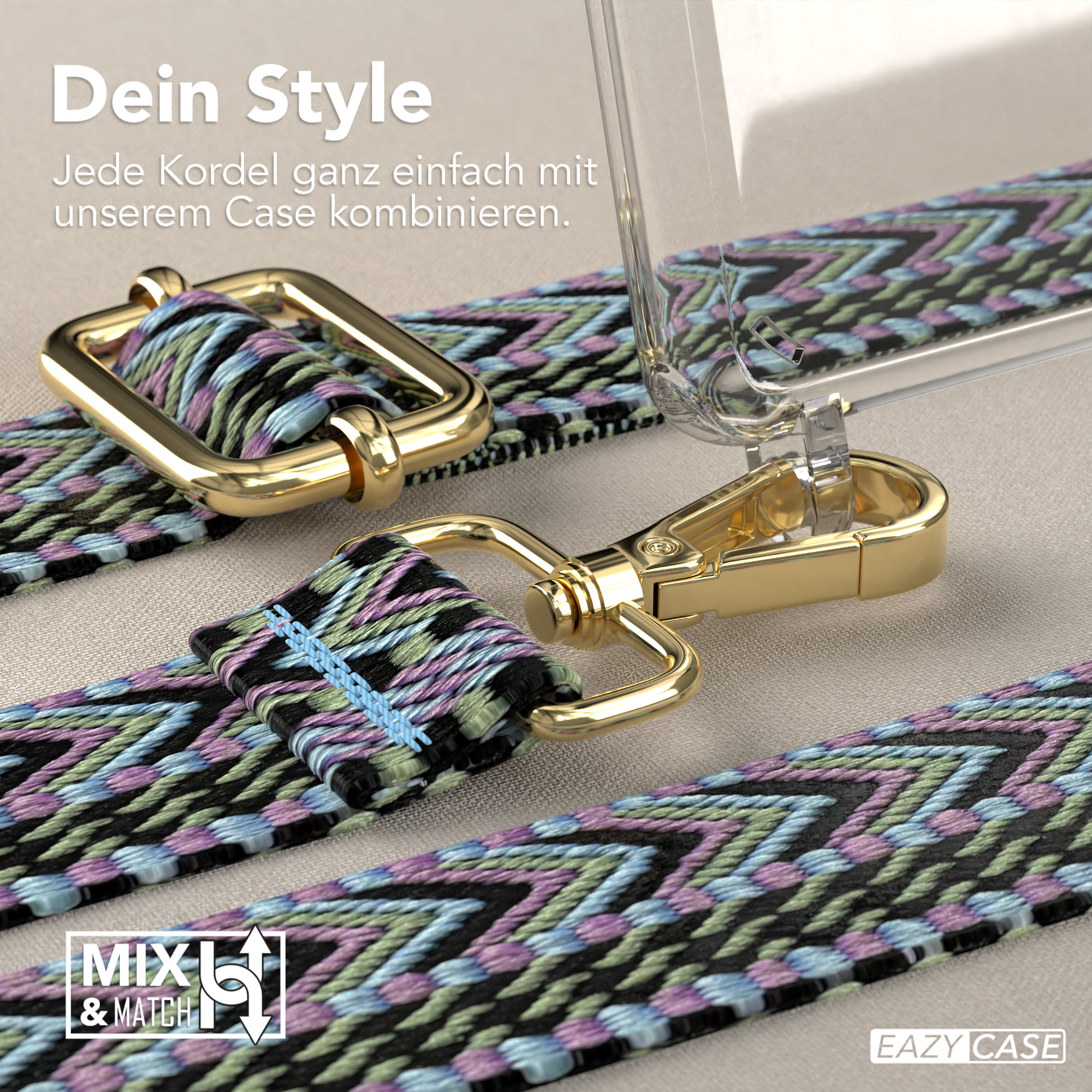 Nahaufnahme des Telefonriemens mit goldenen Beschlägen. Der Riemen ist schwarz, blau und grün gemustert.