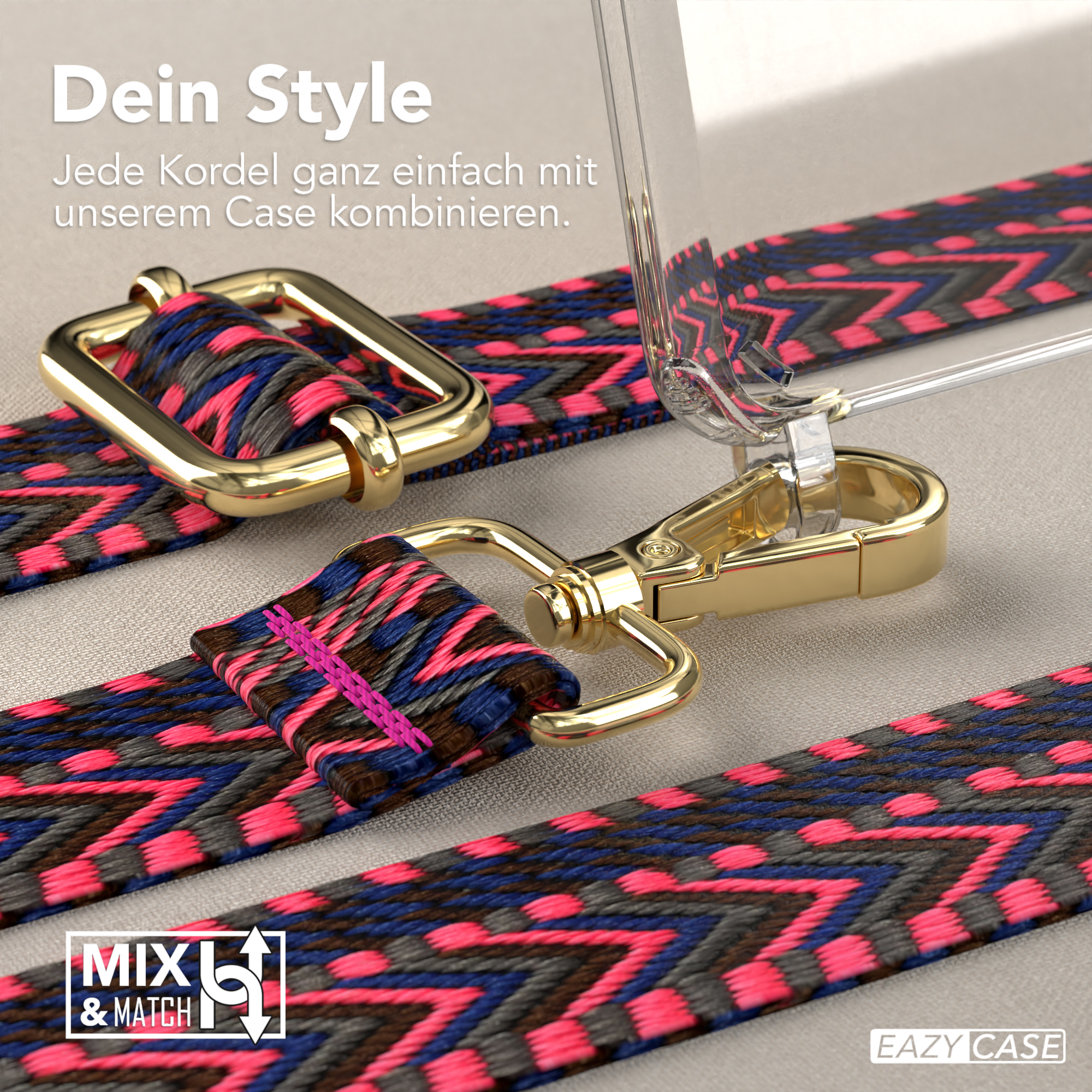 Nahaufnahme eines Telefonbands mit pink-blauem Muster, goldfarbener Verschluss.
