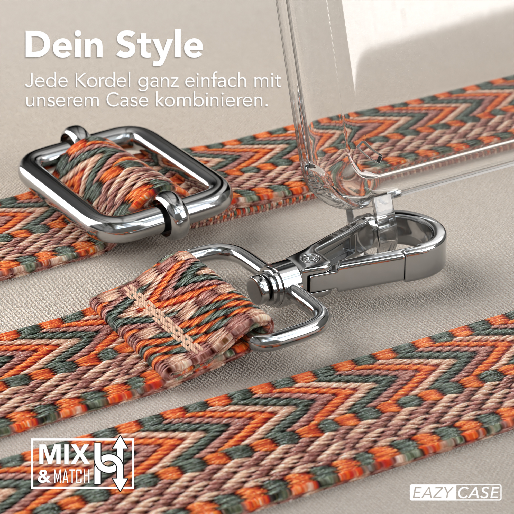Nahaufnahme eines Handygurts mit orange-grünem Muster, silberner Schnalle und Verschluss.