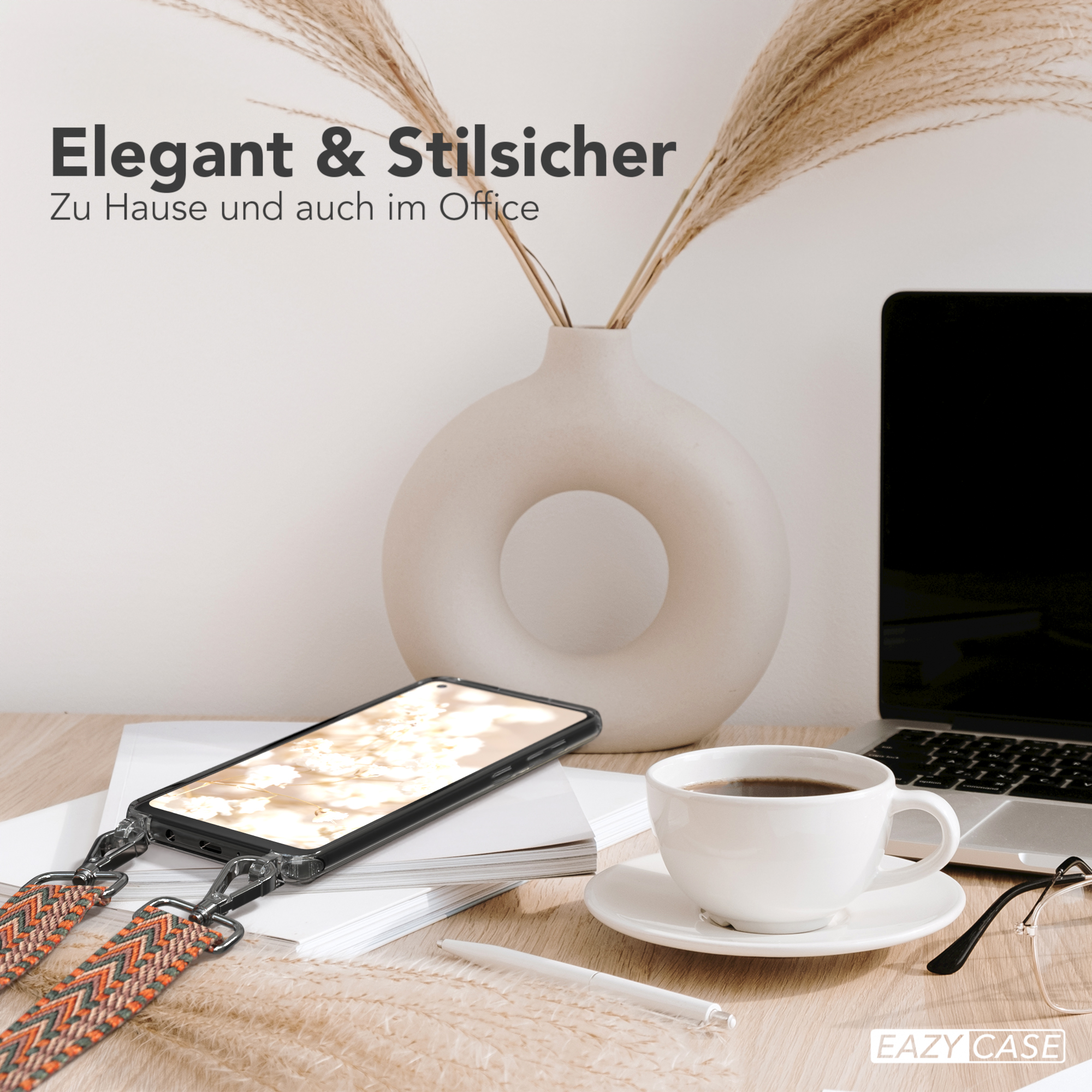 Ein Telefon mit Riemen auf einem Schreibtisch mit Kaffee und einer Vase. Der Text lautet 'Elegant & Stilvoll'.