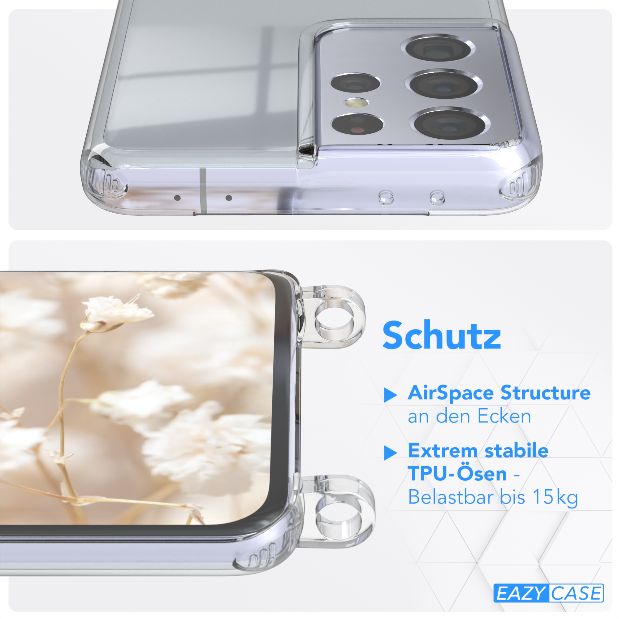 EAZY CASE Transparente Handyhülle Ultra Style, Kordel S21 mit / Samsung, Blau Umhängetasche, Weiß 5G, Galaxy Boho