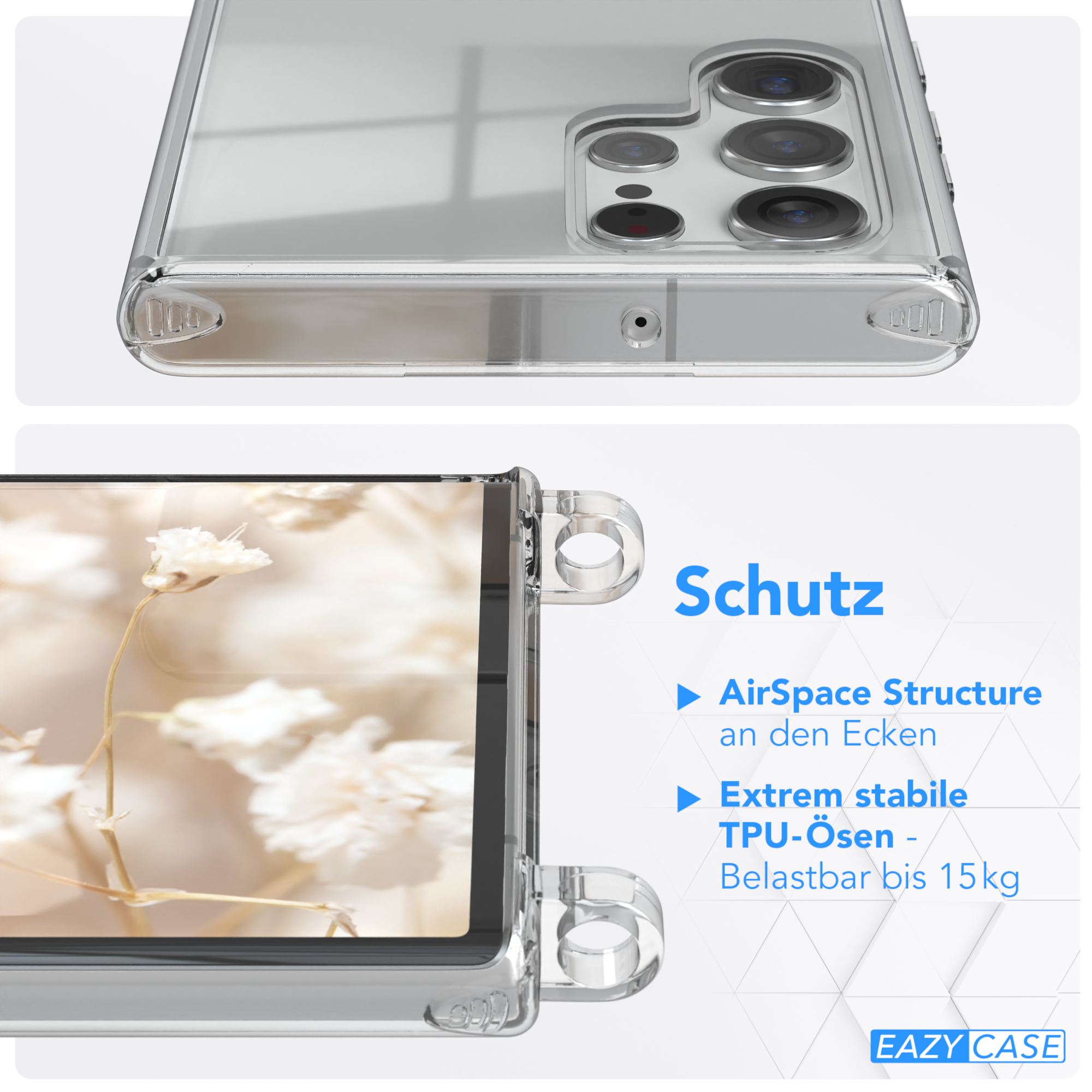 Nahaufnahme einer transparenten Handyhülle. Text über AirSpace Structure und TPU-Ösen.