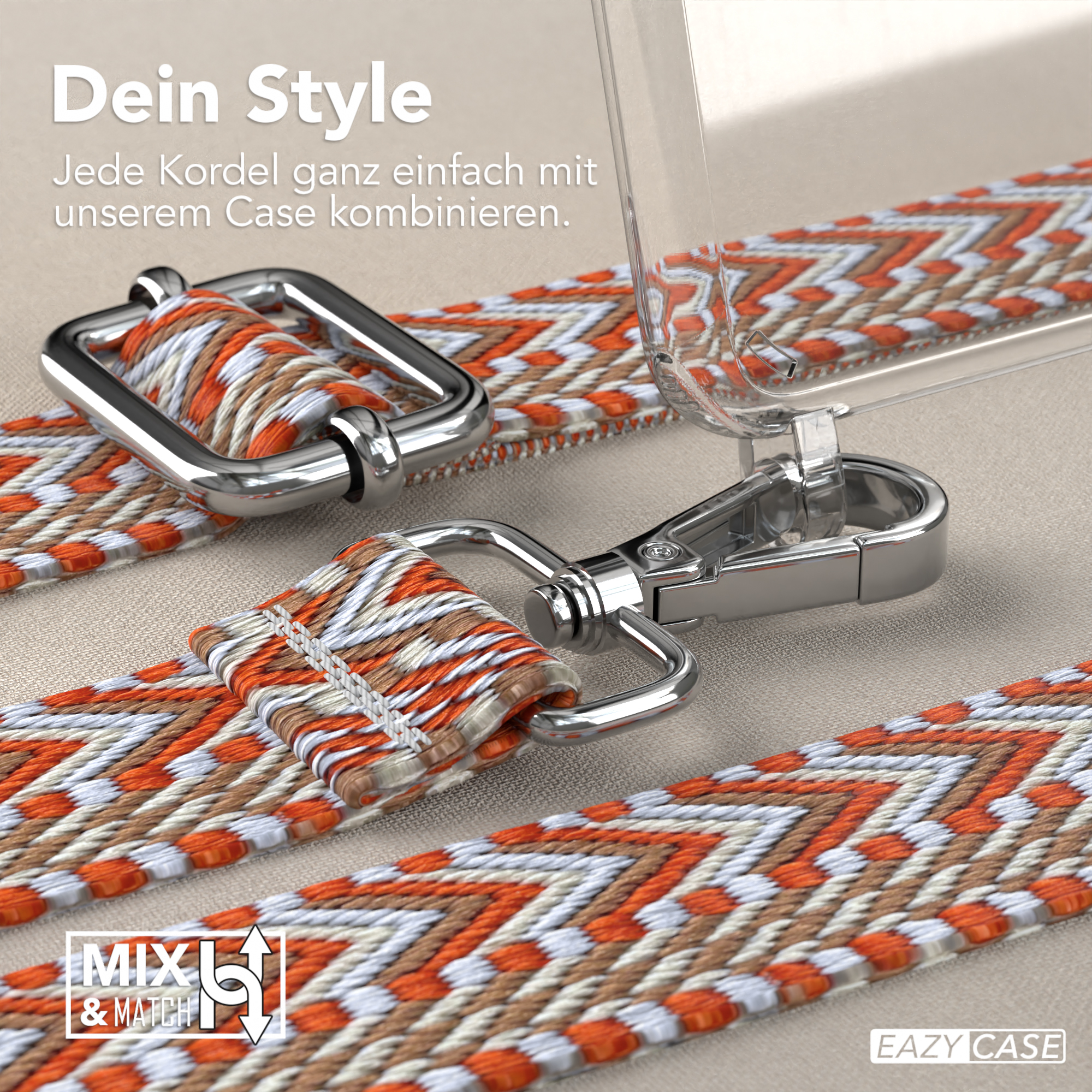 Nahaufnahme eines gemusterten Telefonbands und silbernen Verschlusses. Text: Dein Style, Mix & Match.