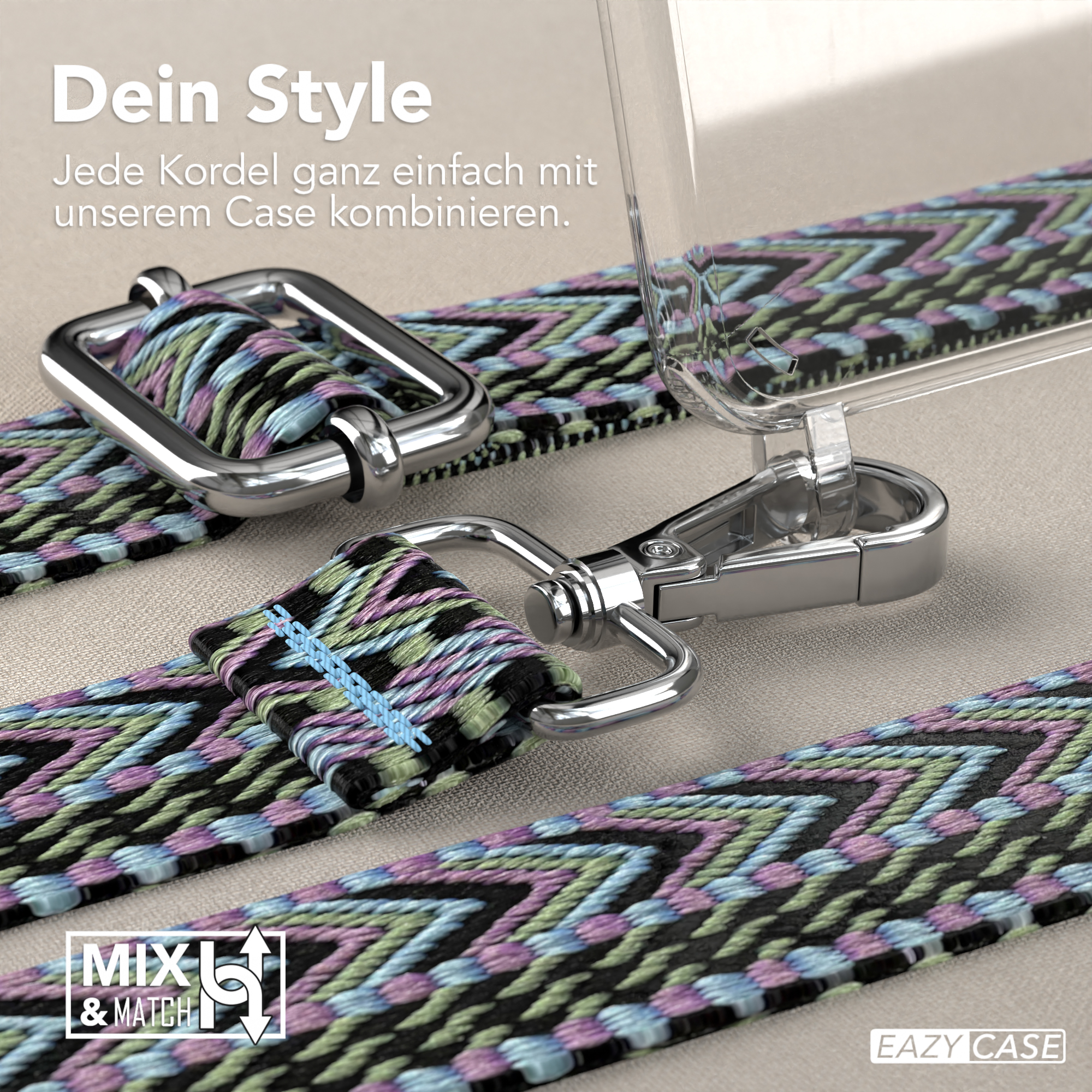 Handyband und Gehäuseteile mit farbenfrohem Muster auf neutraler Oberfläche.