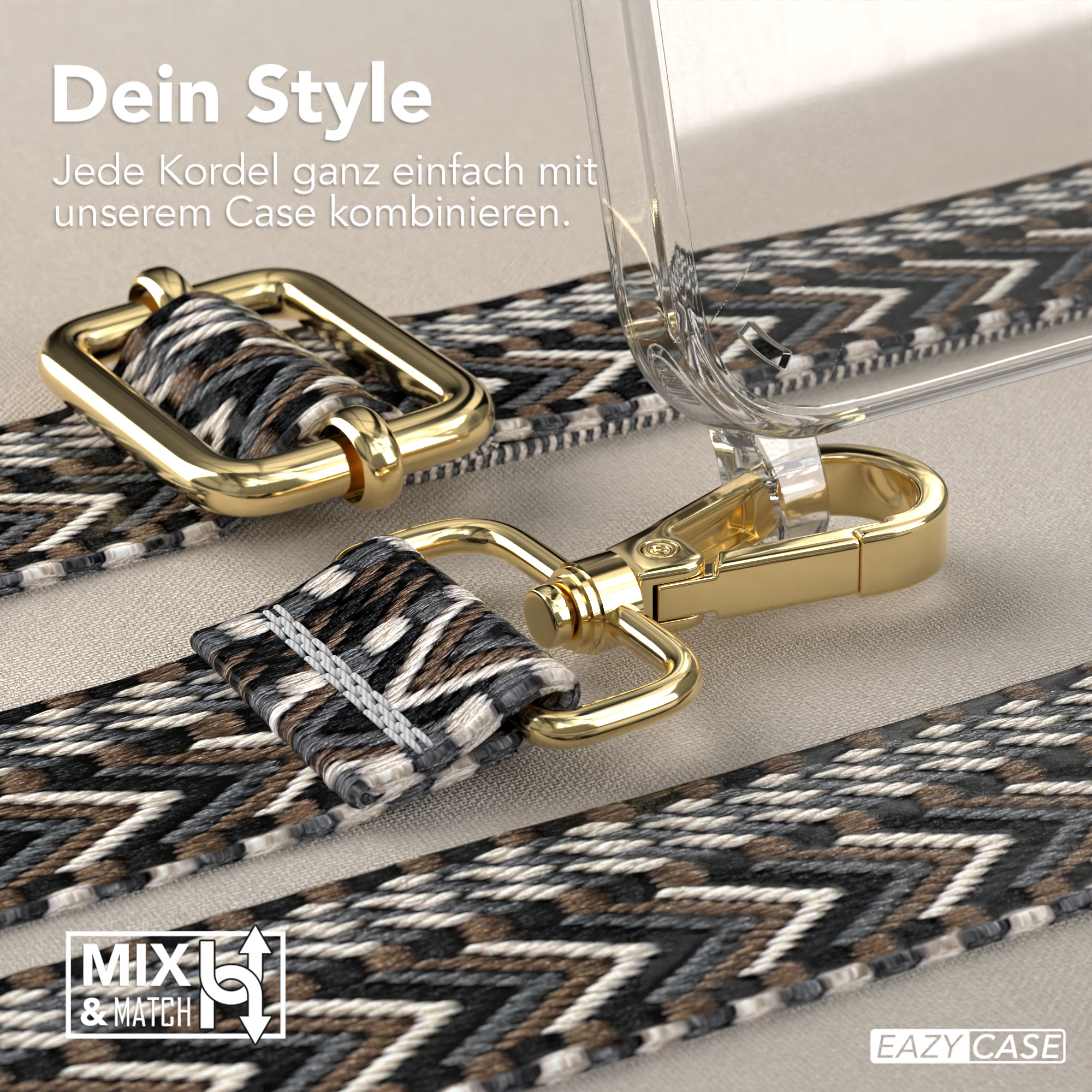 Nahaufnahme von Handytaschenriemen, goldener Verschluss, und die Worte: Mix & Match.