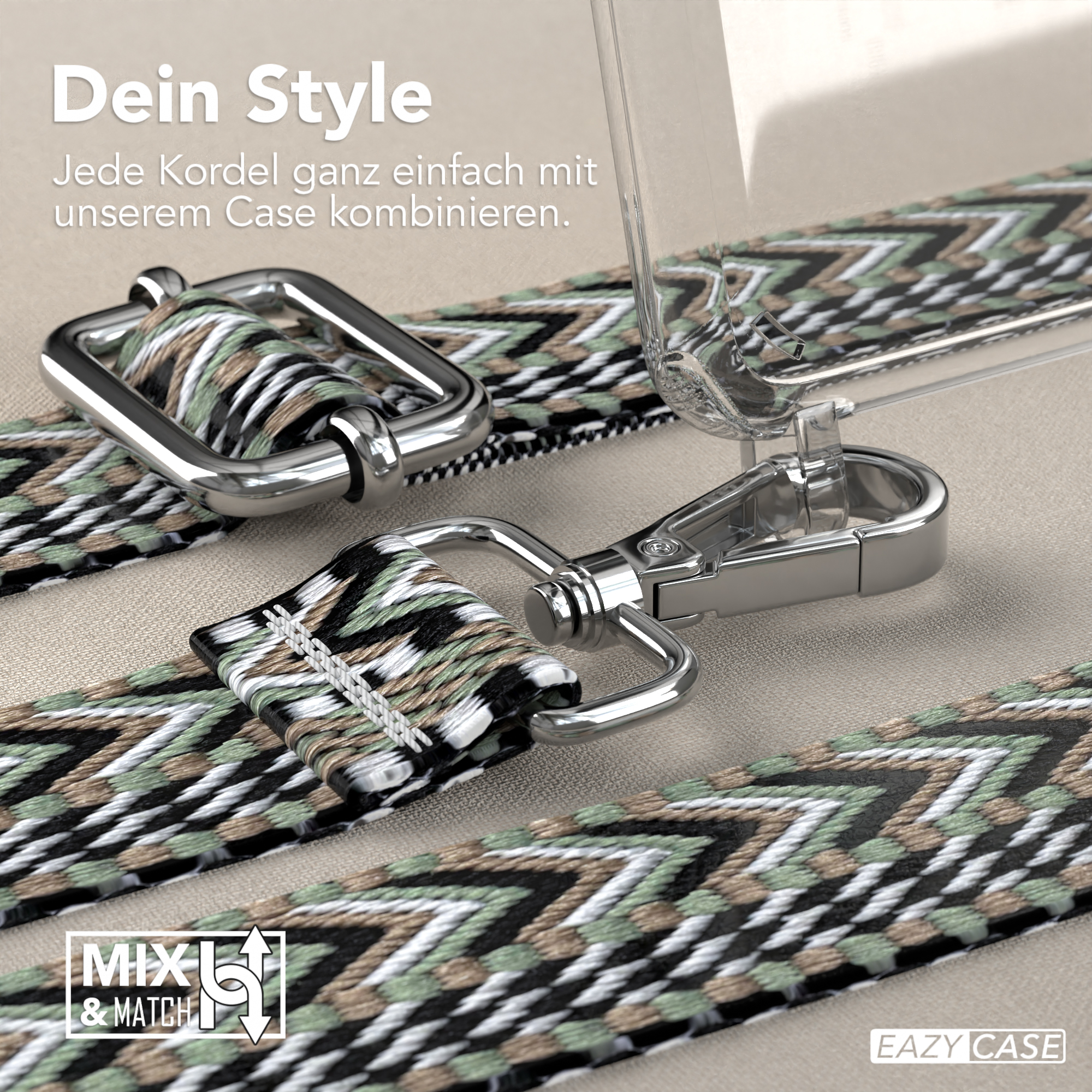 Nahaufnahme der Handyhülle mit Trägern und Metallverschlüssen, die das Design zeigt.