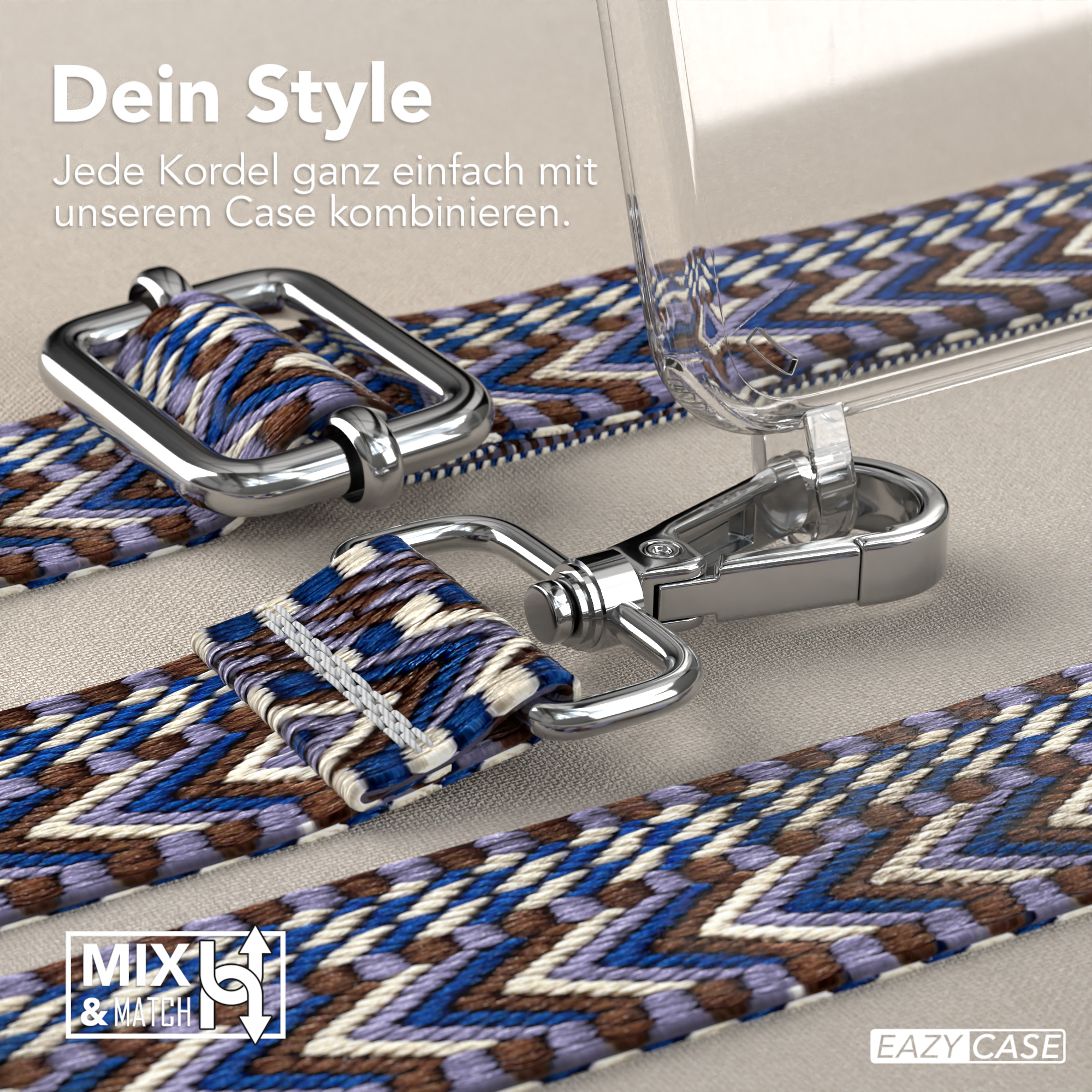 Nahaufnahme eines Telefonbands mit blauem, lila und braunem Muster. Metallverschlüsse und klare Hülle.