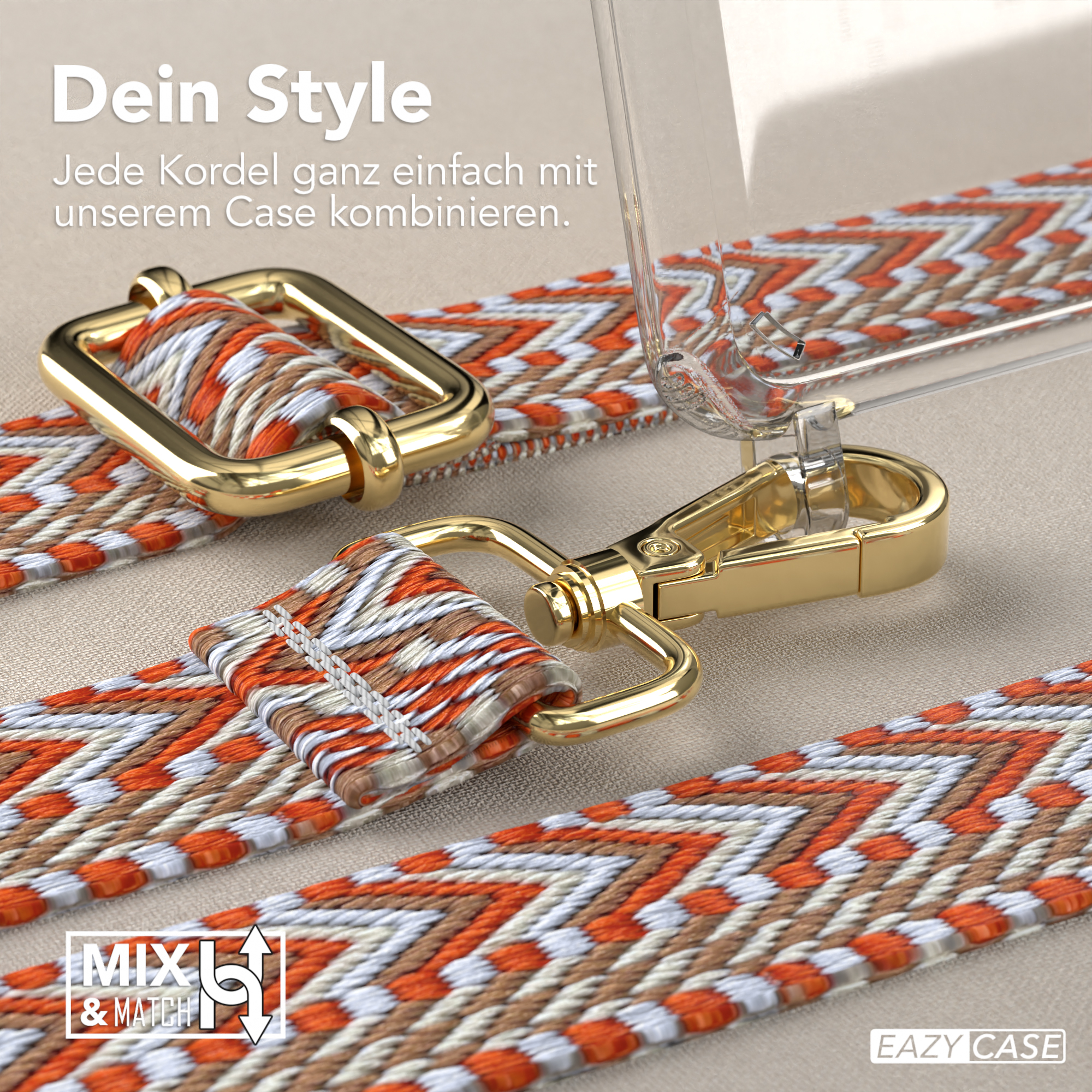 Nahaufnahme der Handyhüllen-Träger. Goldene Schnallen, verschiedene Muster.