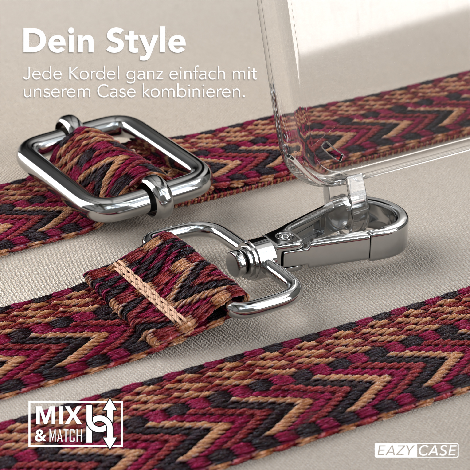 Nahaufnahme des Riemens mit Metallverschluss. Rotes, braunes und beiges Webmuster.