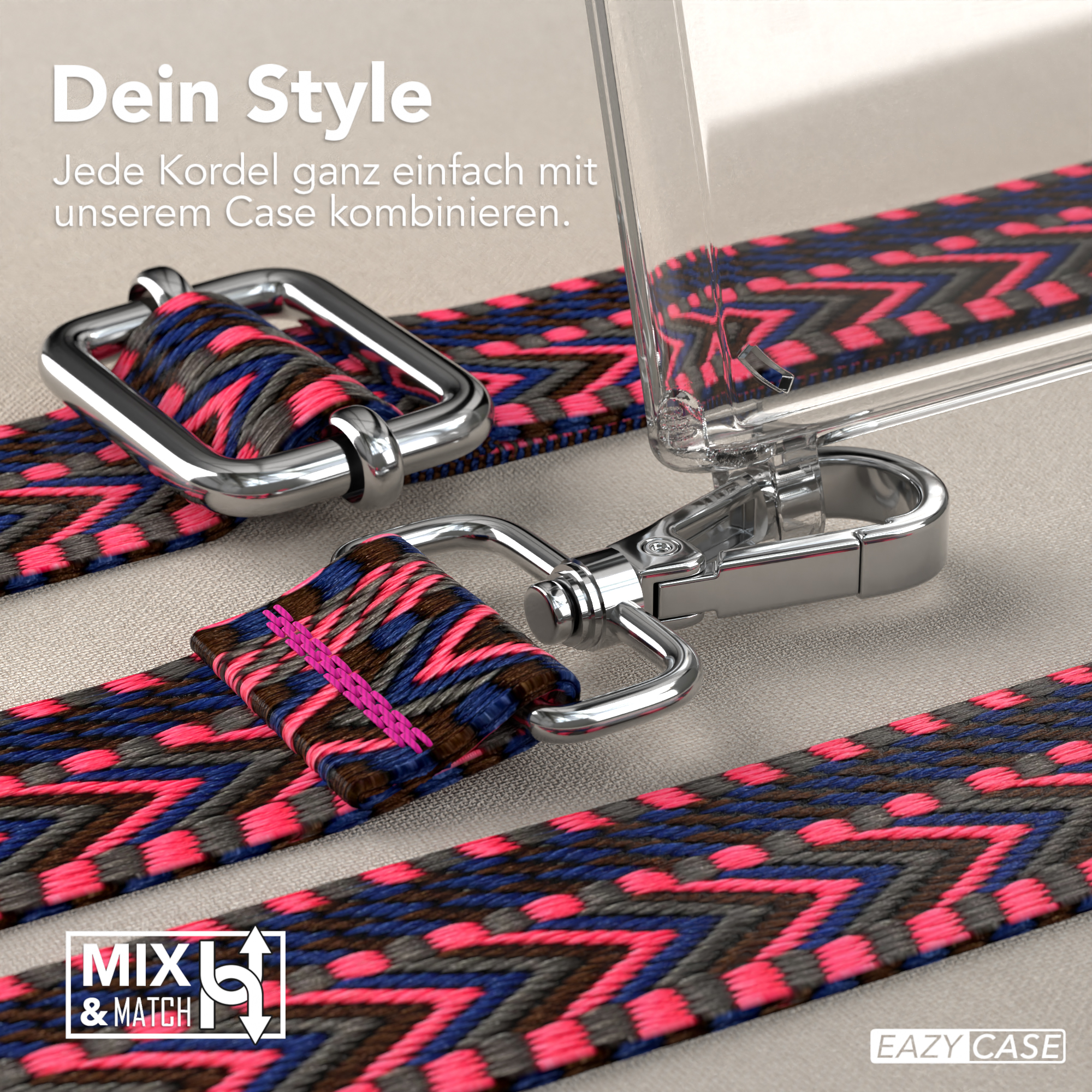 Nahaufnahme eines Gurtes mit silberner Hardware und Handyhülle. Rosa, blaues, graues und braunes Webmuster.