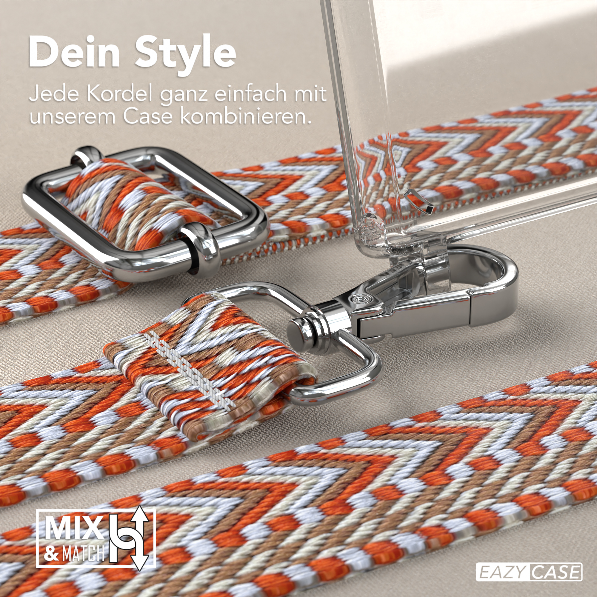Nahaufnahme von Handyhüllenriemen und Metallverschlüssen.