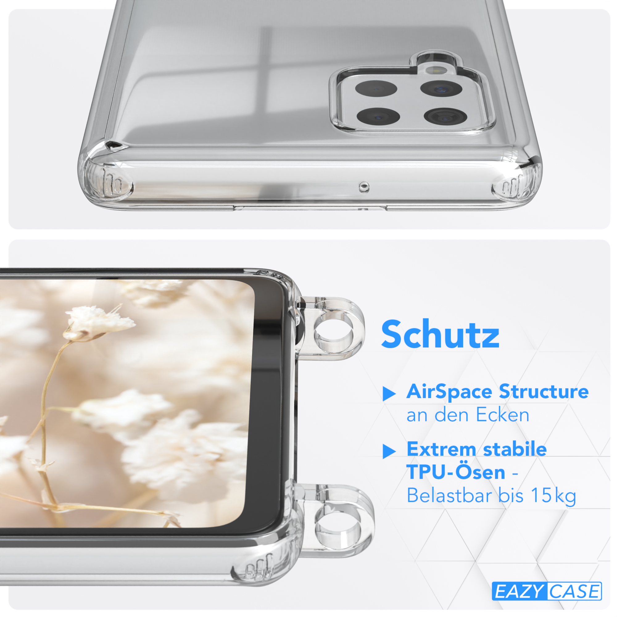 Transparente Handyhülle mit Text, mit 'AirSpace Structure' und 'TPU-Ösen'.