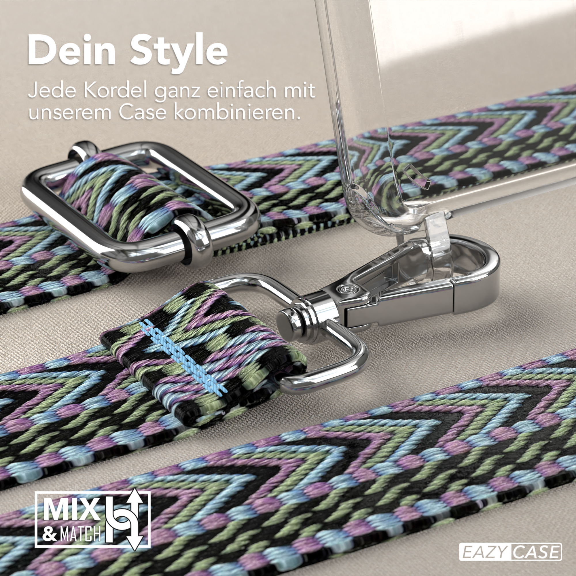 Nahaufnahme eines Telefonbandes mit silberner Hardware und mehrfarbigem Muster. Text oben links.