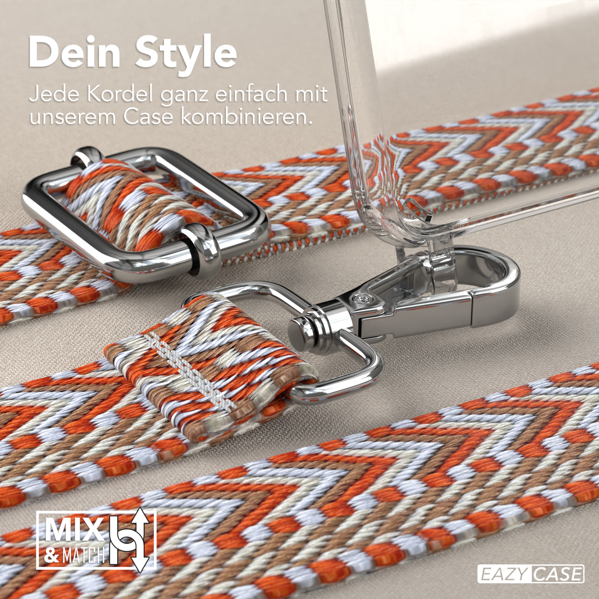 Nahaufnahme von Handy-Gurten mit verschiedenen Farbmustern und Metallverschlüssen. Text: Mix & Match, dein Style.